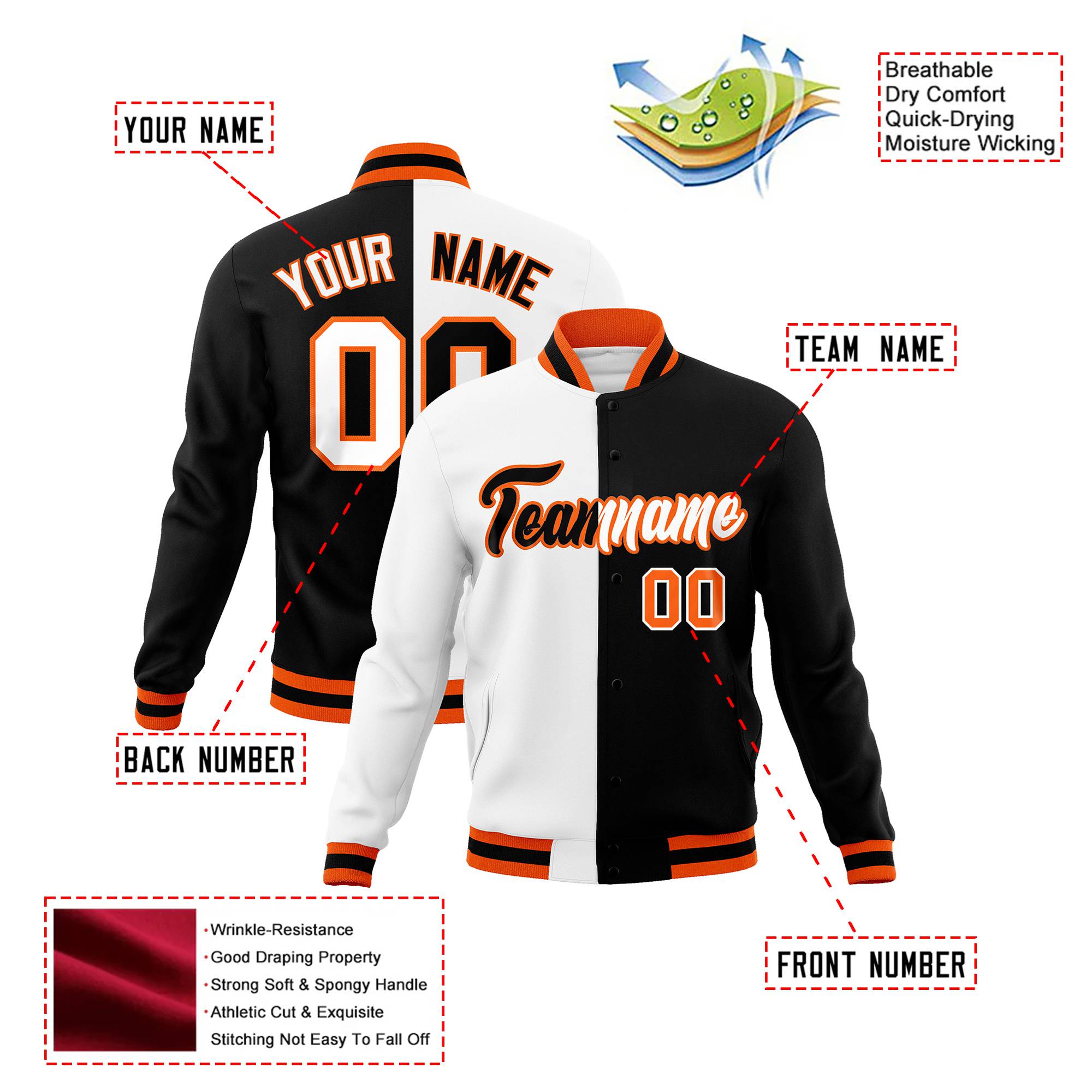 Custom White Black Orange Bomber Full-Snap Varsity Letterman Split Fashion Jacket