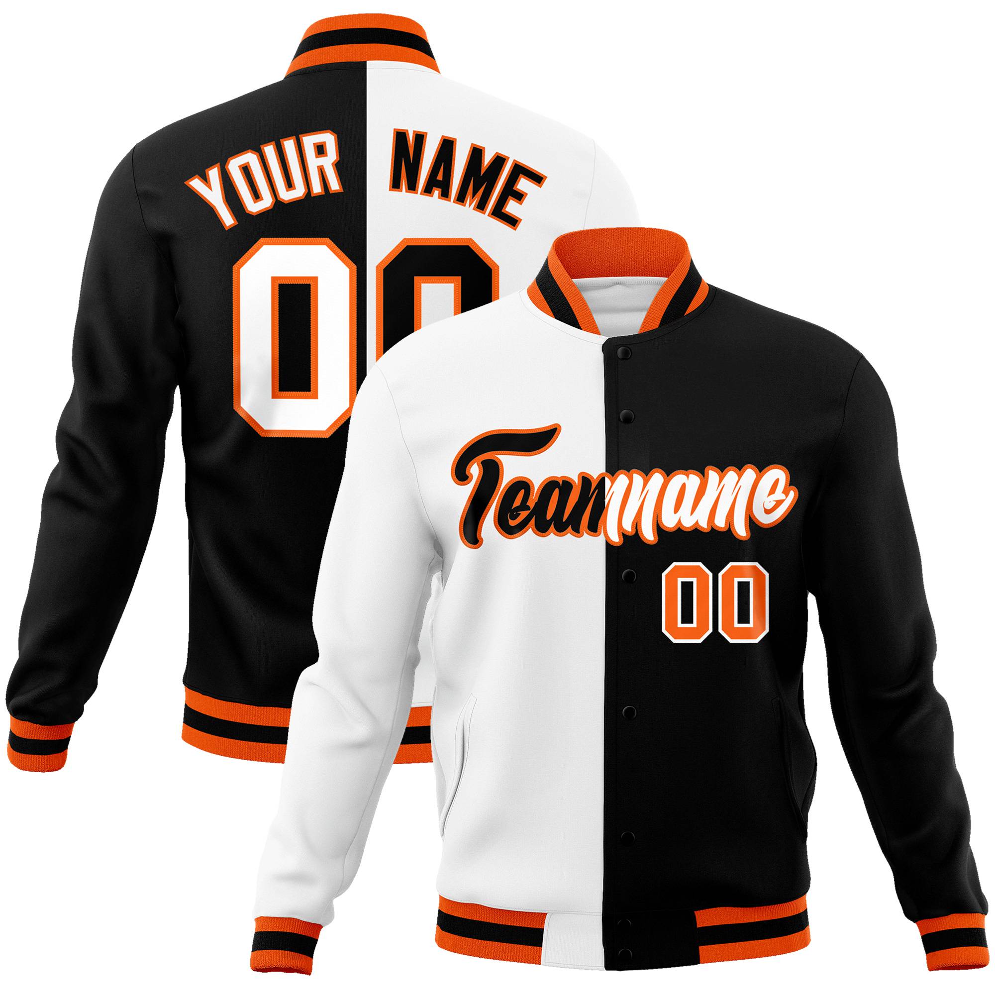 Custom White Black Orange Bomber Full-Snap Varsity Letterman Split Fashion Jacket