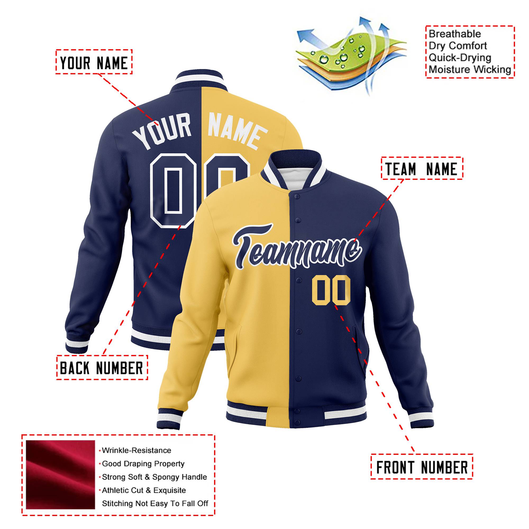 Custom Yellow-Navy White Bomber Full-Snap Varsity Letterman Split Fashion Jacket