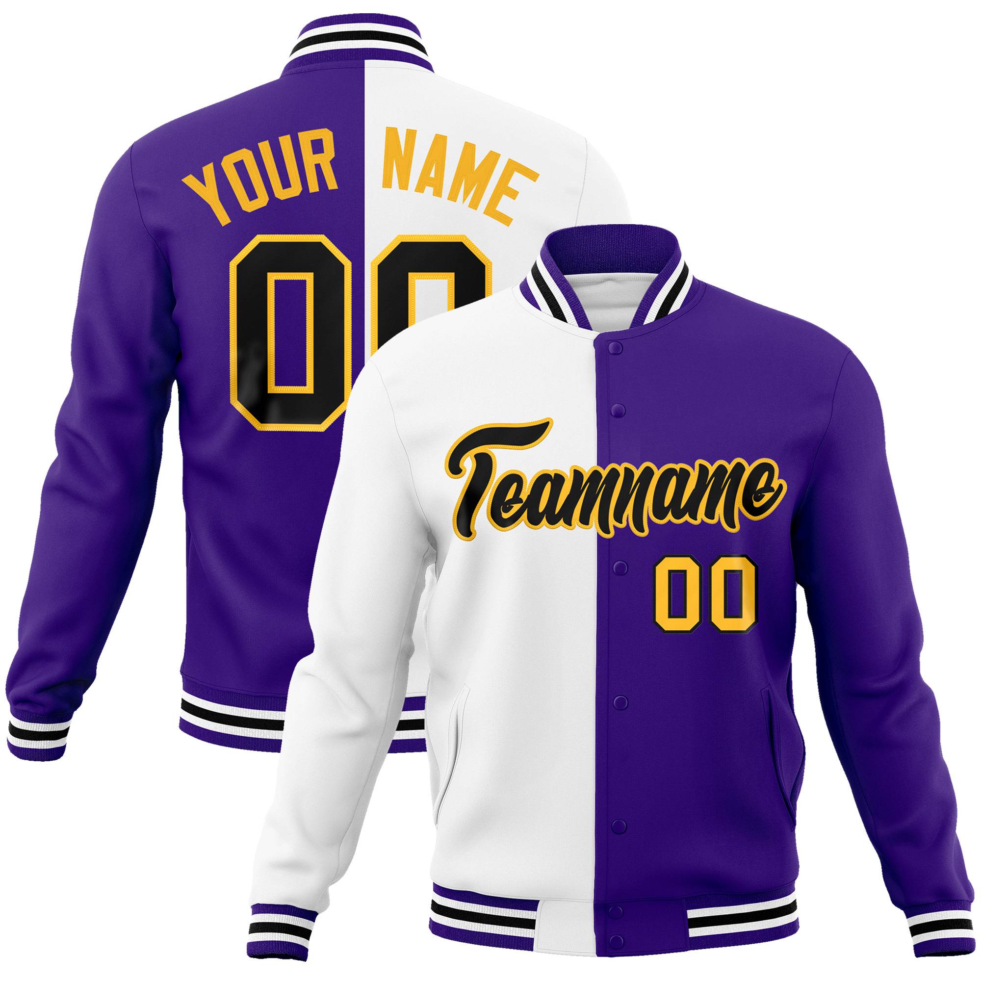 Custom White Yellow Purple Bomber Full-Snap Varsity Letterman Split Fashion Jacket