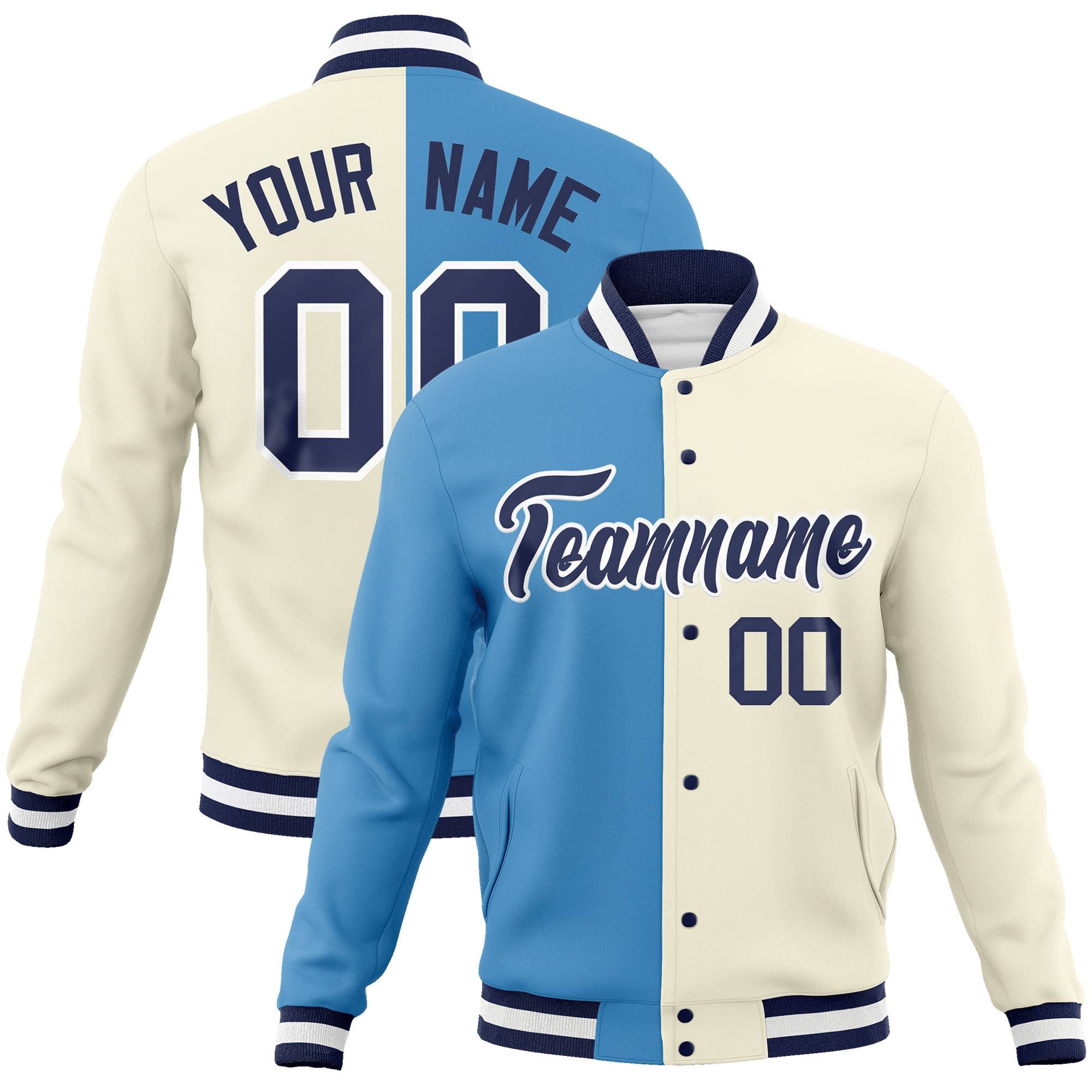 Custom Light-Blue Cream Navy Bomber Full-Snap Varsity Letterman Split Fashion Jacket