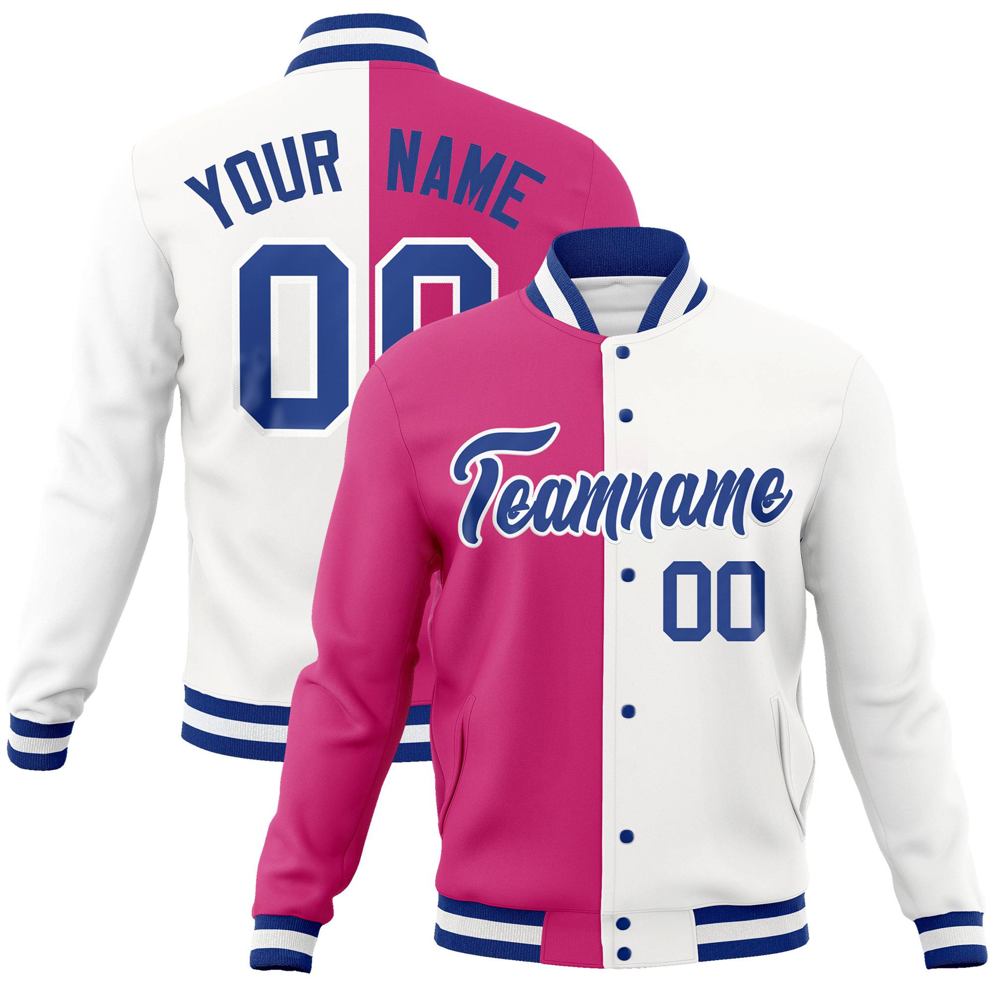 Custom Pink White Navy Bomber Full-Snap Varsity Letterman Split Fashion Jacket