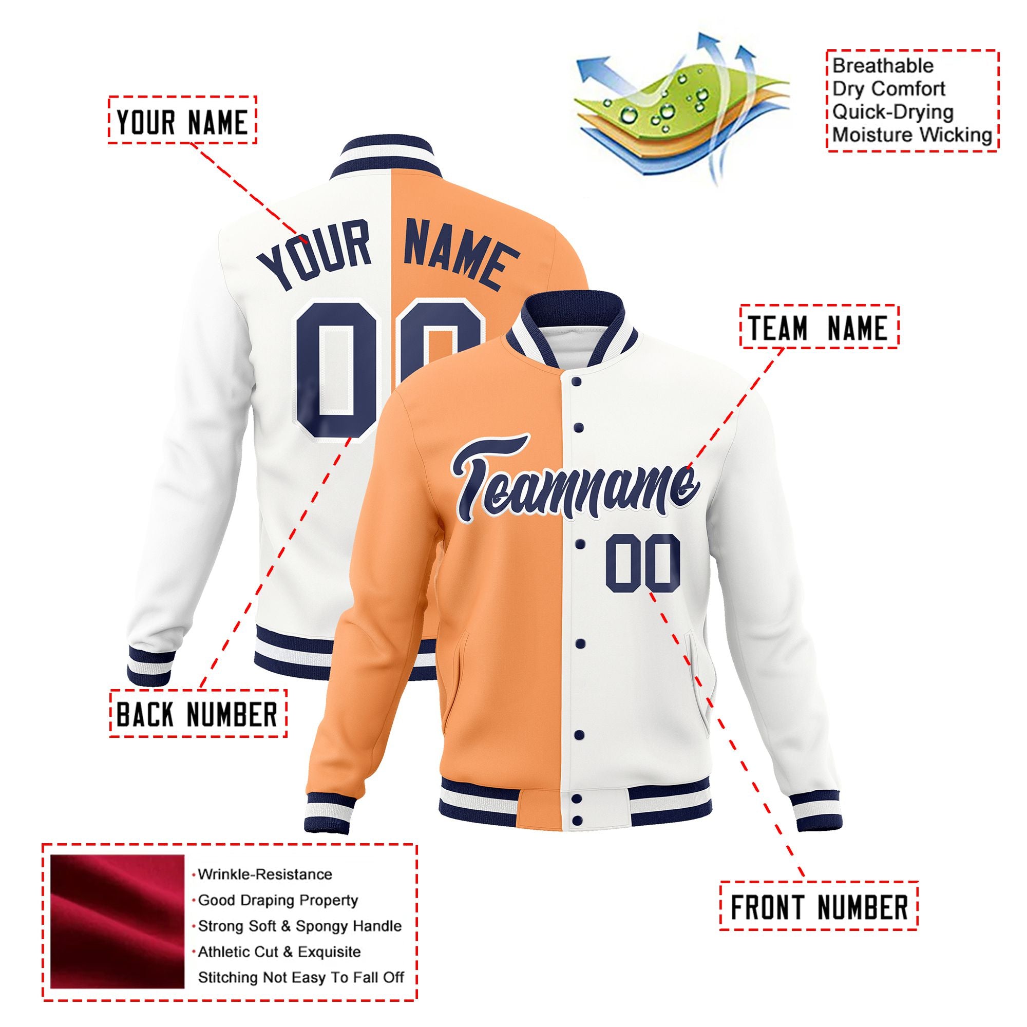 Custom Pink White Navy Bomber Full-Snap Varsity Letterman Split Fashion Jacket