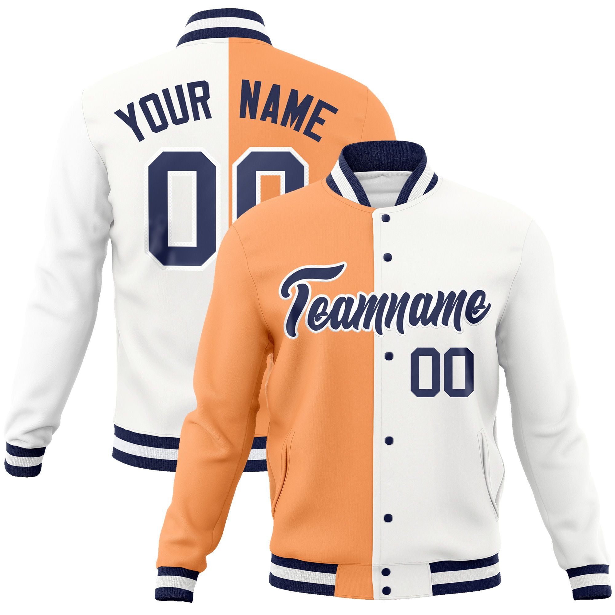 Custom Pink White Navy Bomber Full-Snap Varsity Letterman Split Fashion Jacket