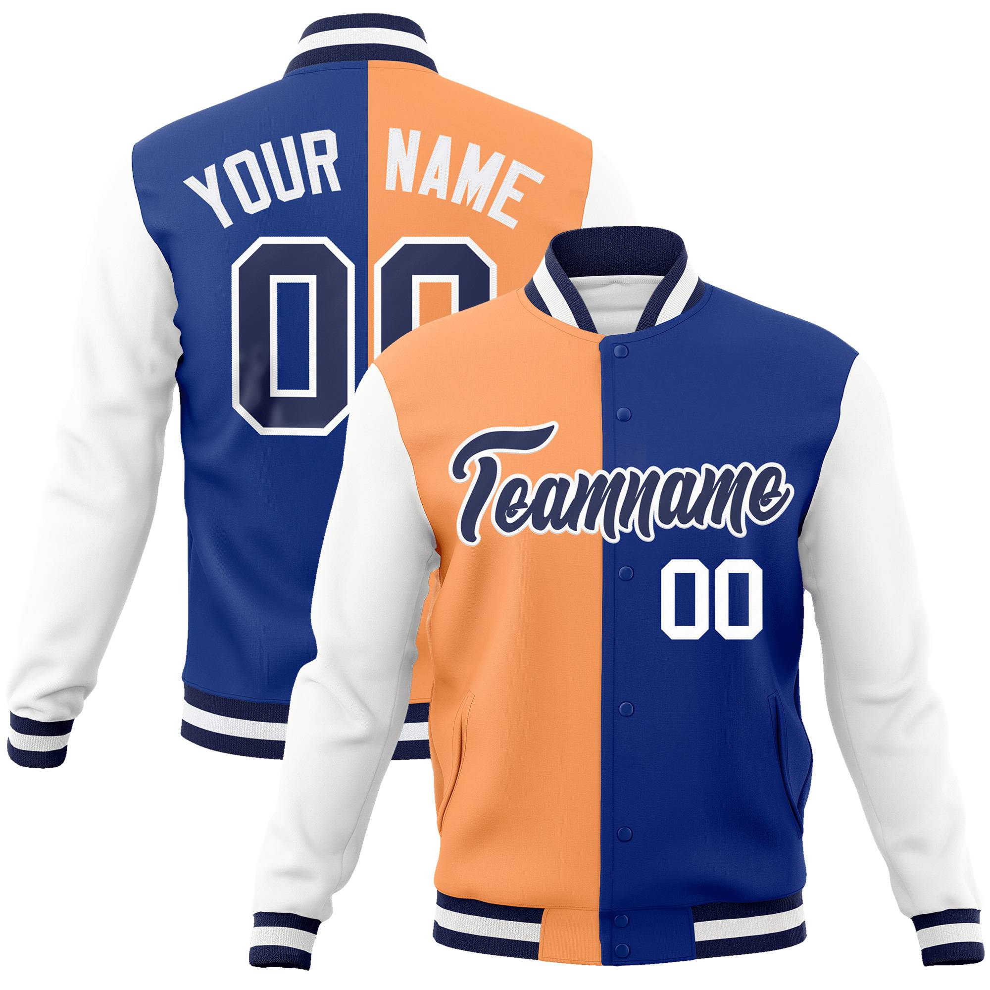 Custom Orange Purple White Bomber Full-Snap Varsity Letterman Split Fashion Jacket