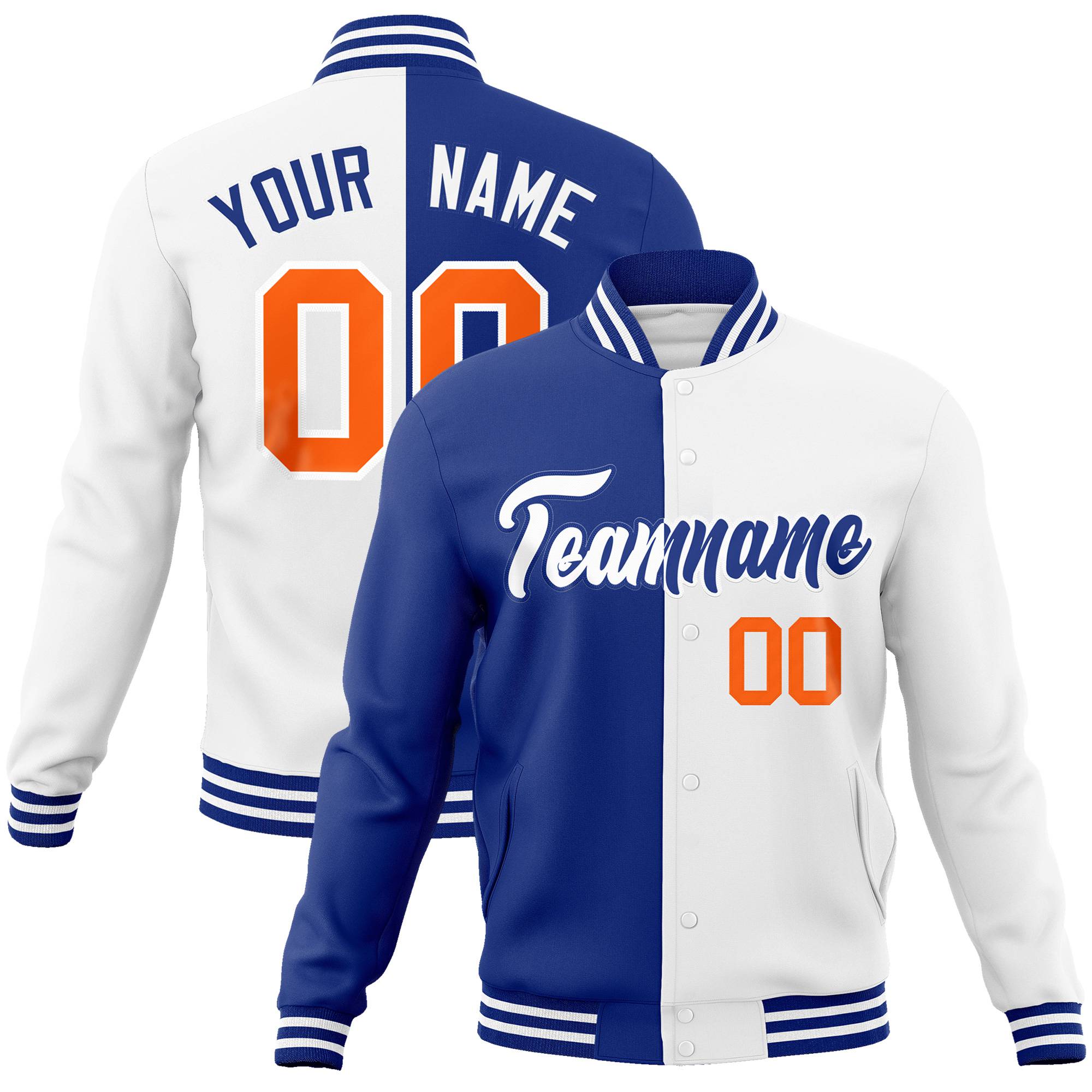 Custom Thunder-Blue Orange White Bomber Full-Snap Varsity Letterman Split Fashion Jacket