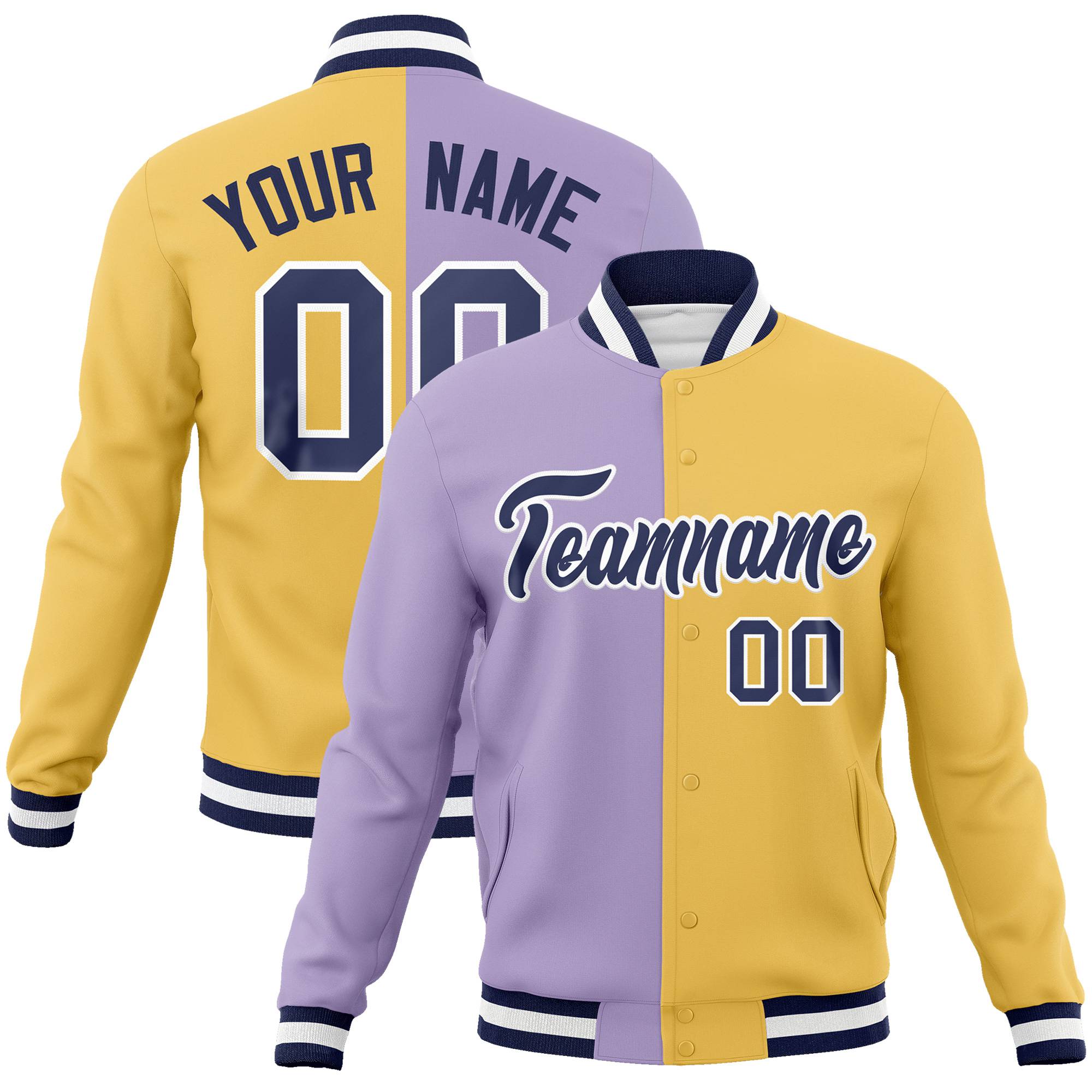 Custom Light-Purple Yellow Bomber Full-Snap Varsity Letterman Split Fashion Jacket