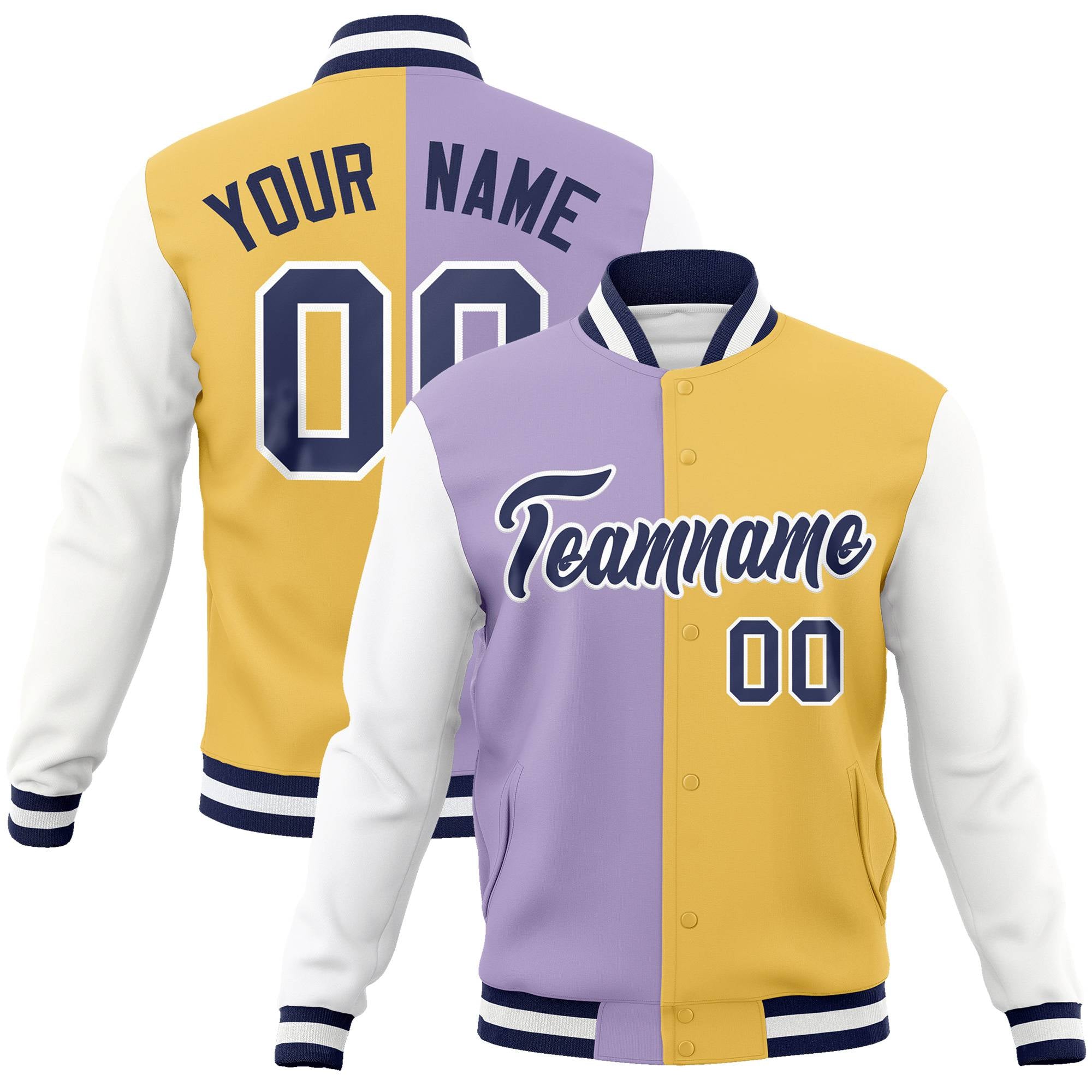 Custom Light-Purple Yellow-Purple Bomber Full-Snap Varsity Letterman Split Fashion Jacket