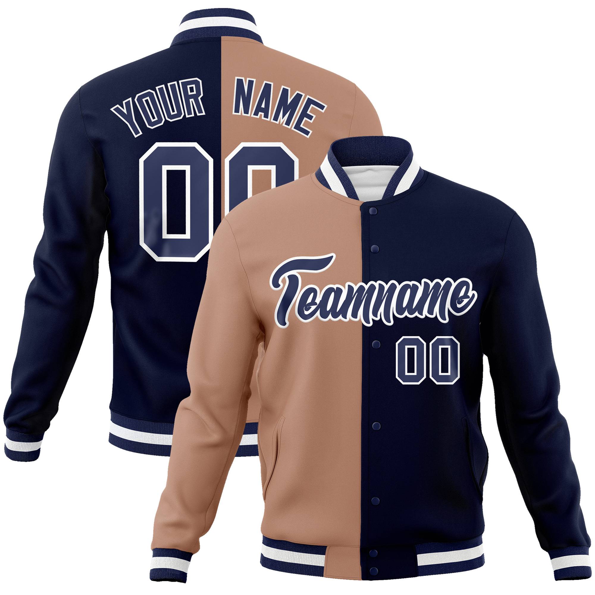 Custom Brown Navy Bomber Full-Snap Varsity Letterman Split Fashion Jacket