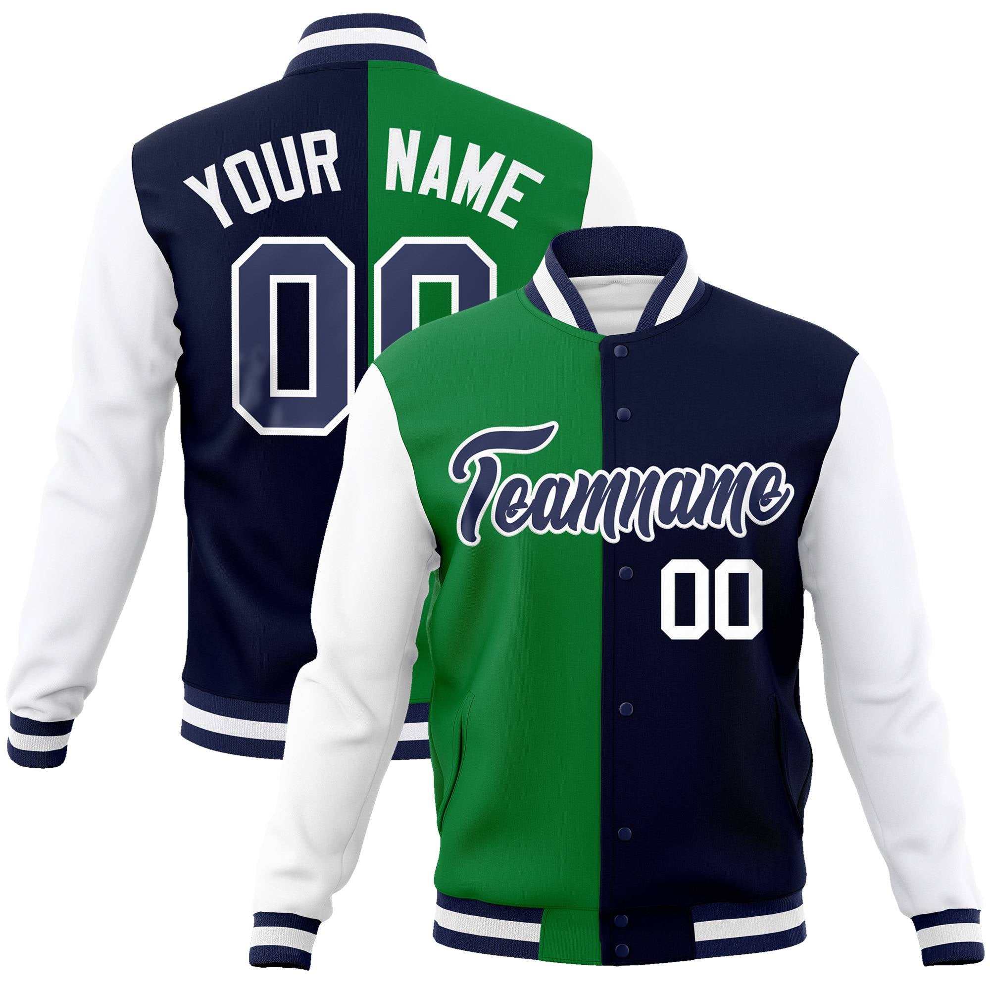 Custom Kelly Green Navy-White Bomber Full-Snap Varsity Letterman Split Fashion Jacket