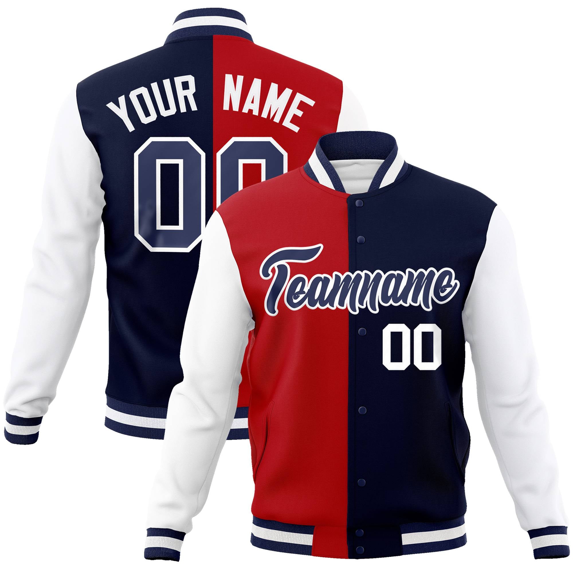 Custom Red Navy-White Bomber Full-Snap Varsity Letterman Split Fashion Jacket