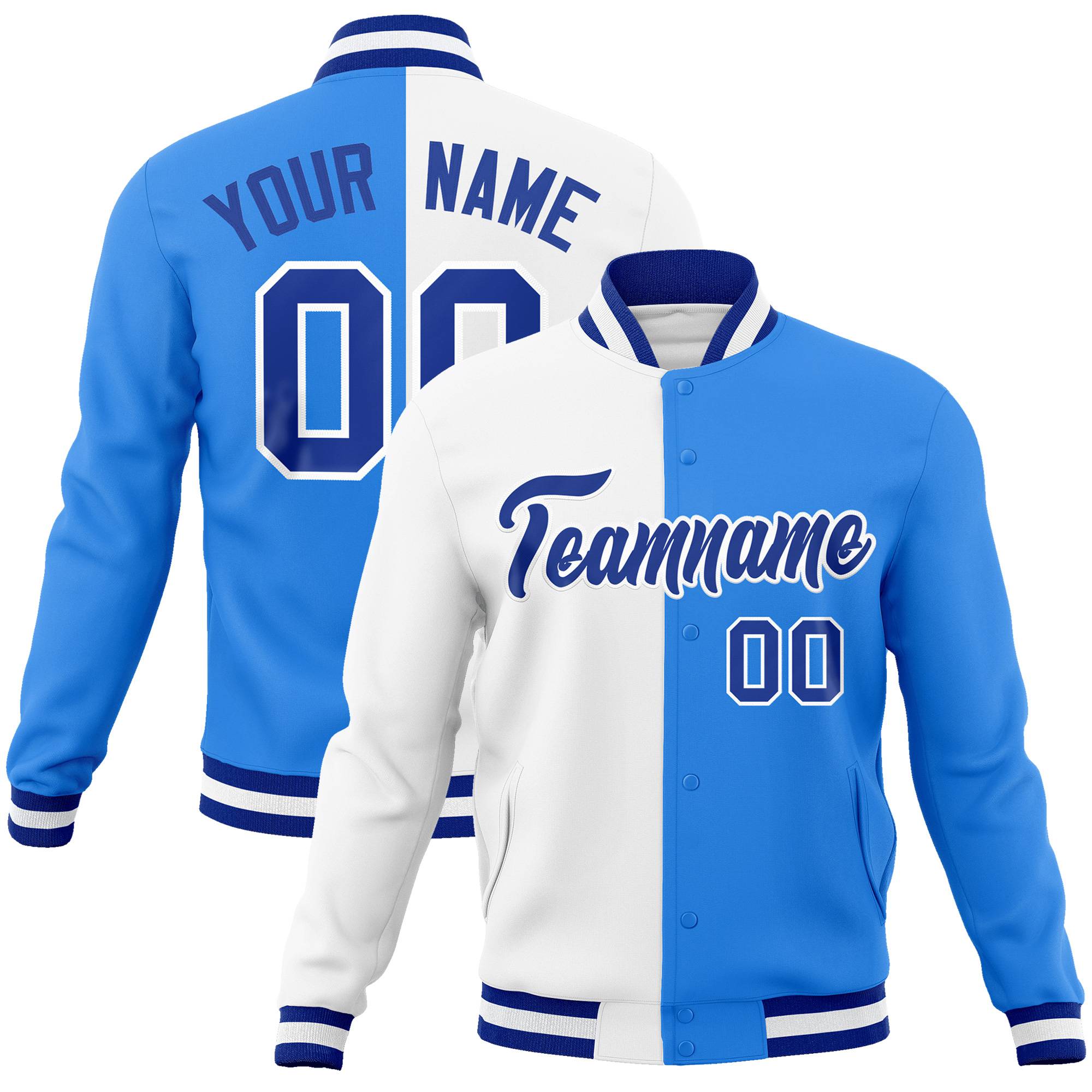 Custom White Sky-Blue Bomber Full-Snap Varsity Letterman Split Fashion Jacket