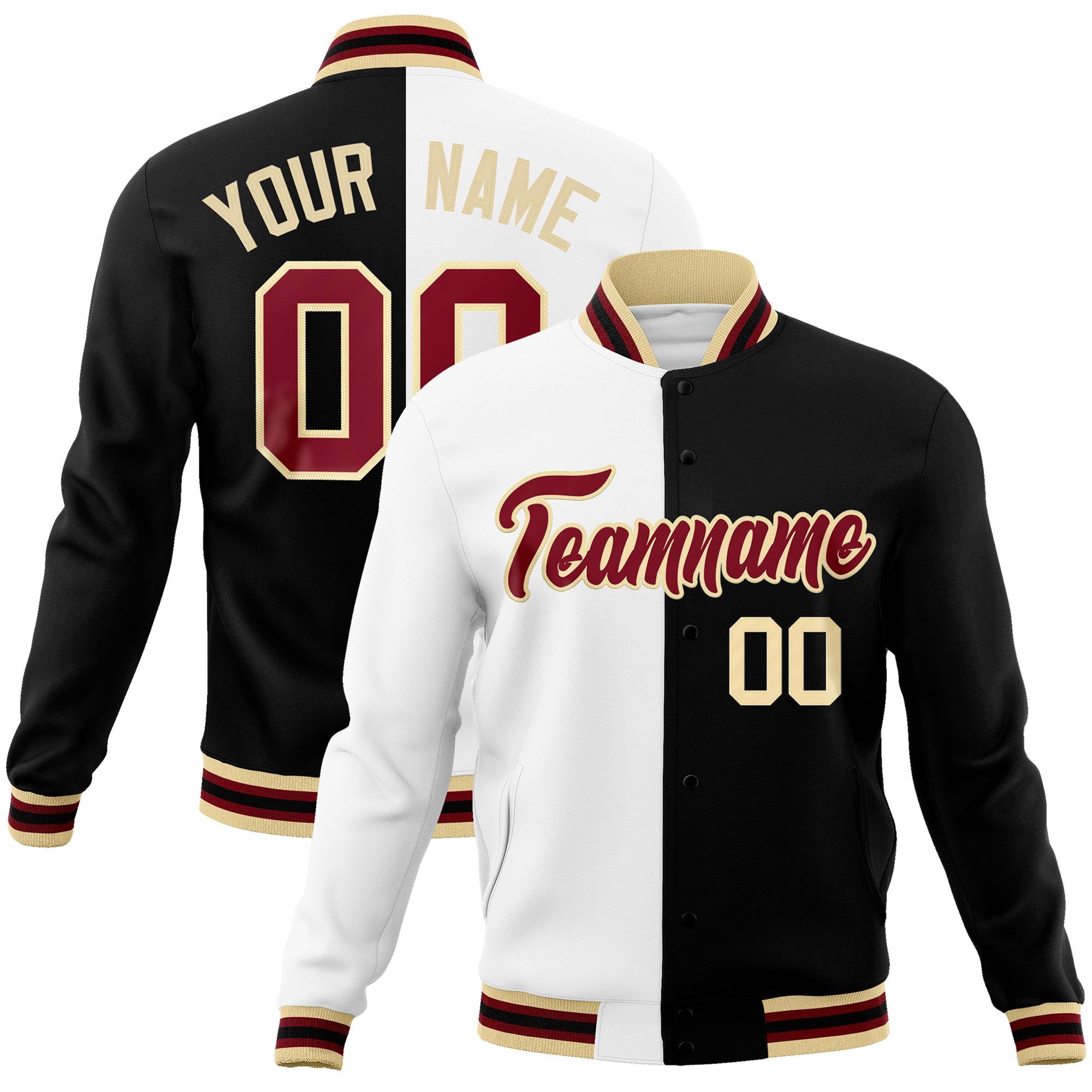 Custom White Black Burgundy Bomber Full-Snap Varsity Letterman Split Fashion Jacket