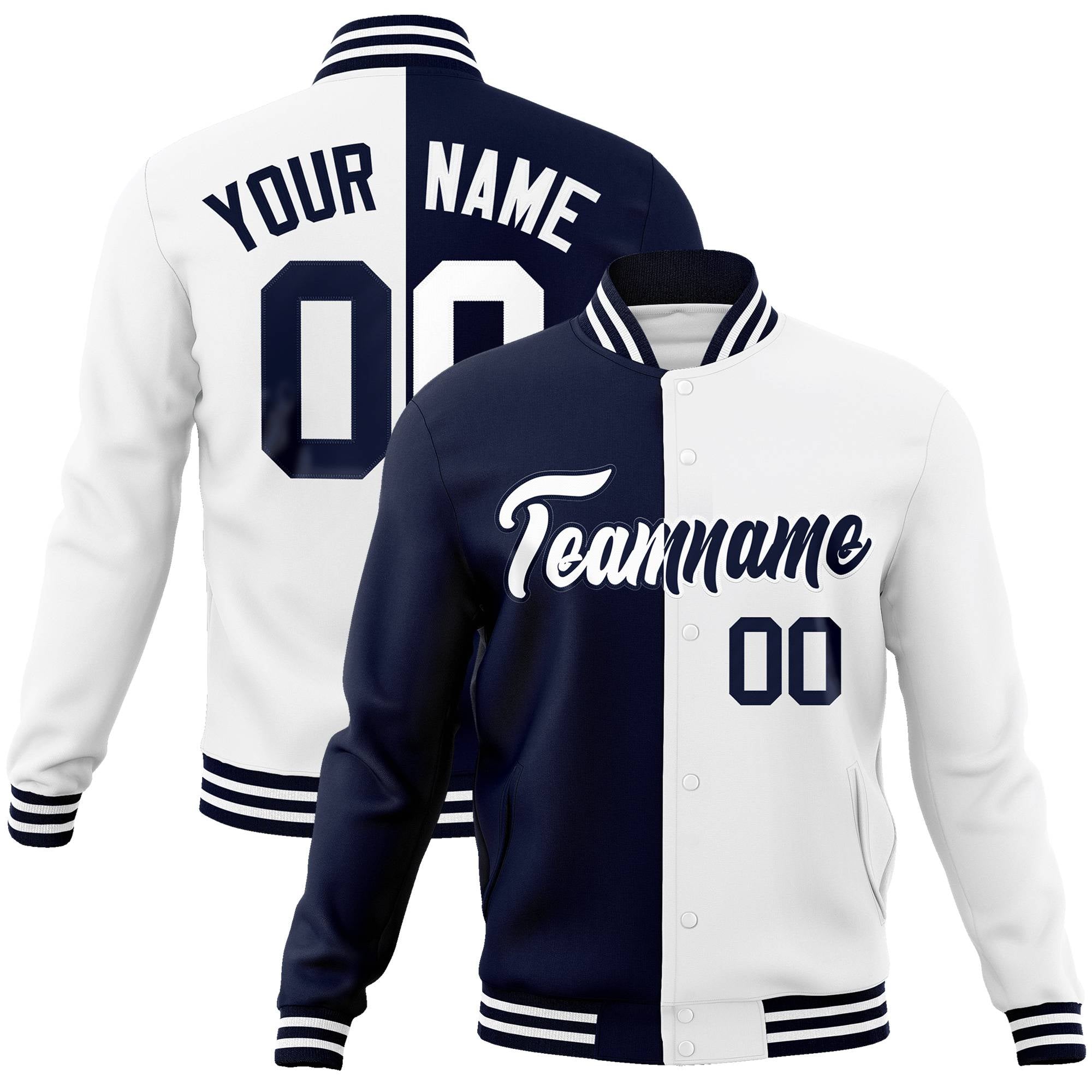 Custom Navy-White Bomber Full-Snap Varsity Letterman Split Fashion Jacket