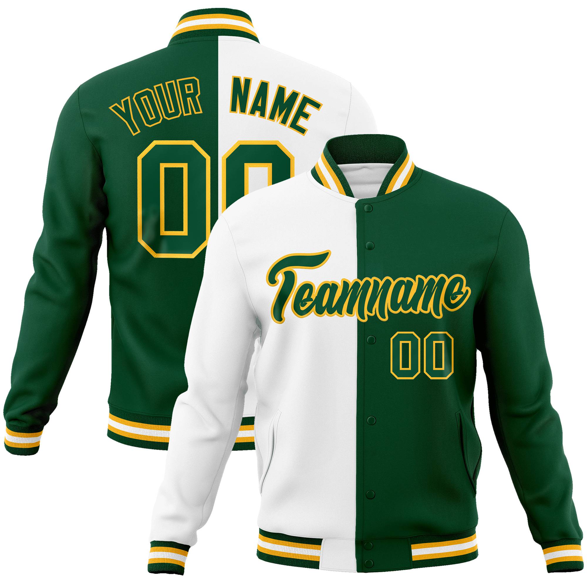 Custom White Gold Kelly-Green Bomber Full-Snap Varsity Letterman Split Fashion Jacket