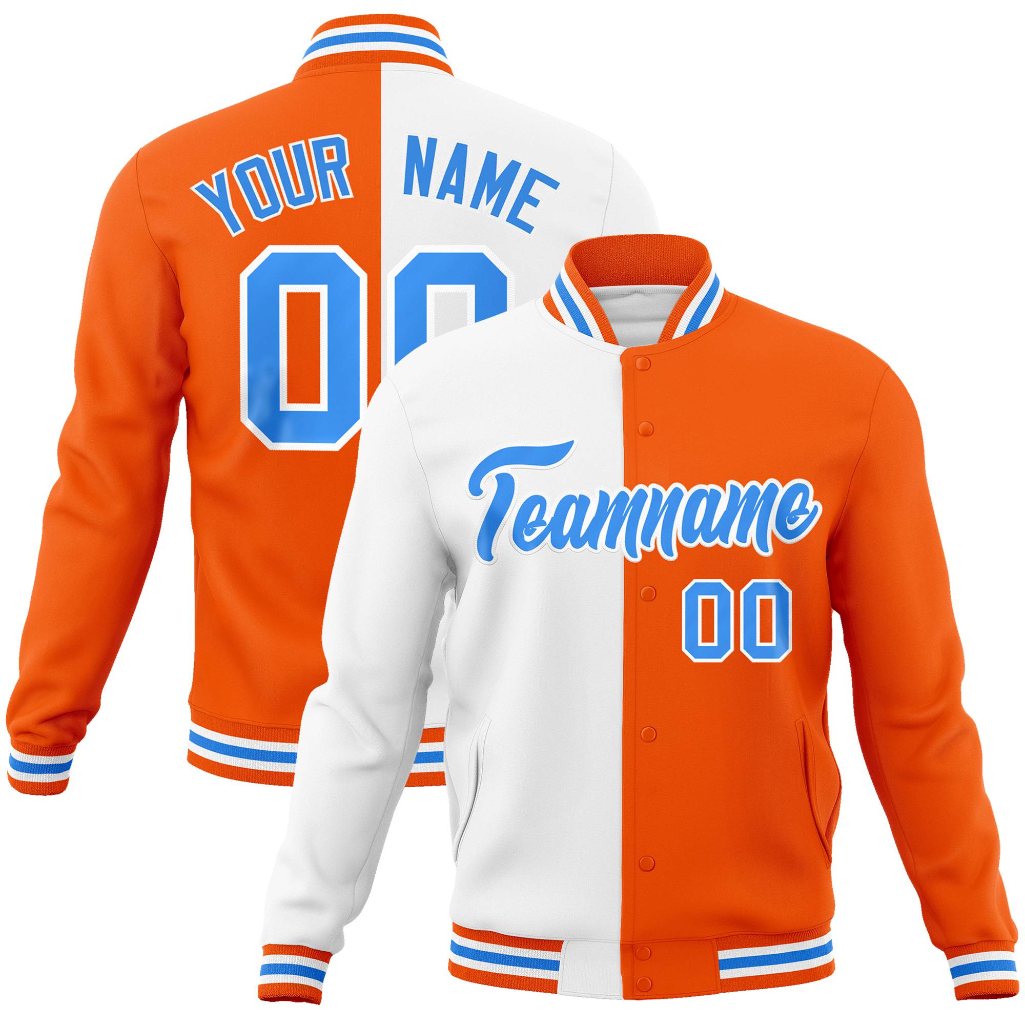 Custom White Light-Blue Orange Bomber Full-Snap Varsity Letterman Split Fashion Jacket