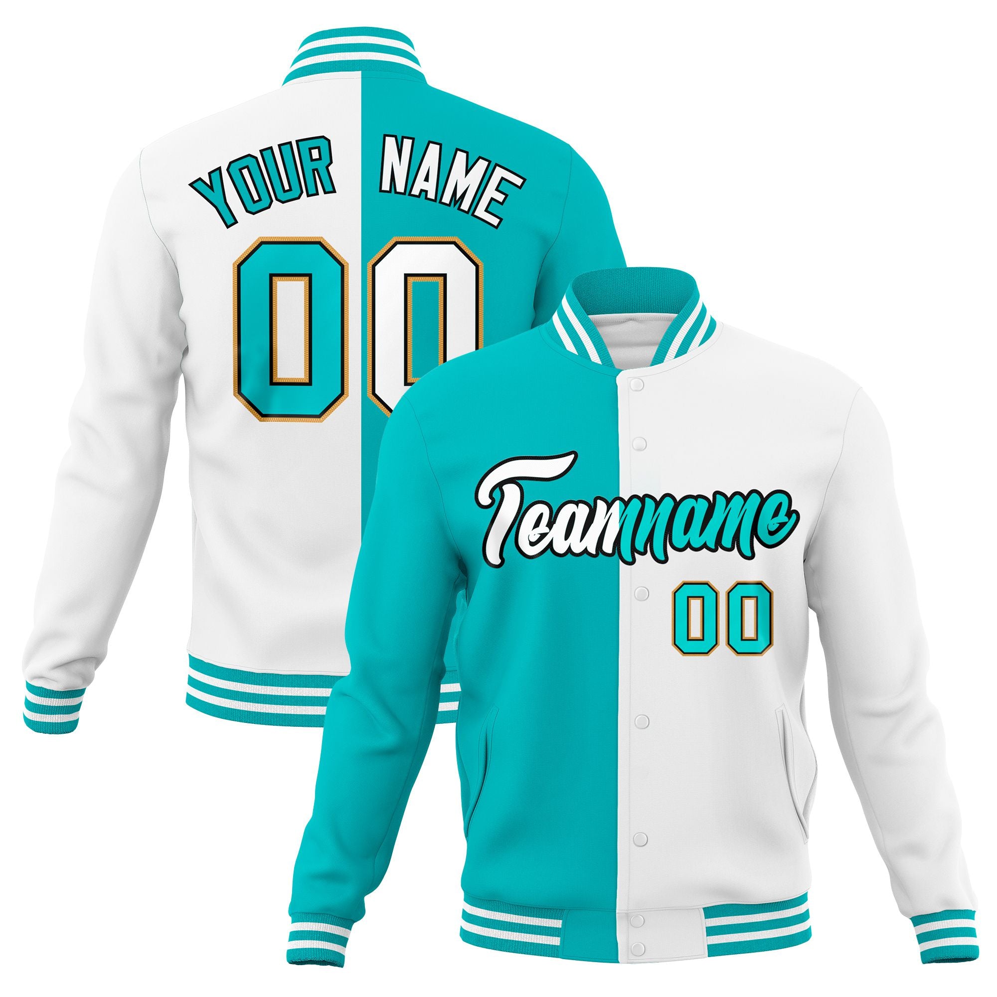 Custom Aqua Black White Bomber Full-Snap Varsity Letterman Split Fashion Jacket