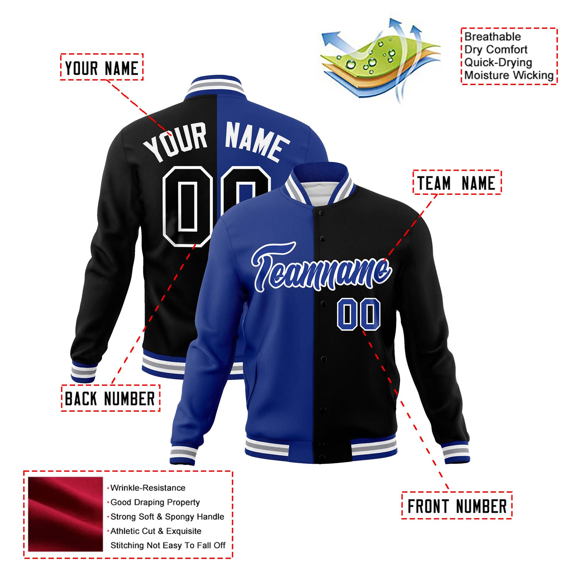 Custom Thunder-Blue Gray Black Bomber Full-Snap Varsity Letterman Split Fashion Jacket