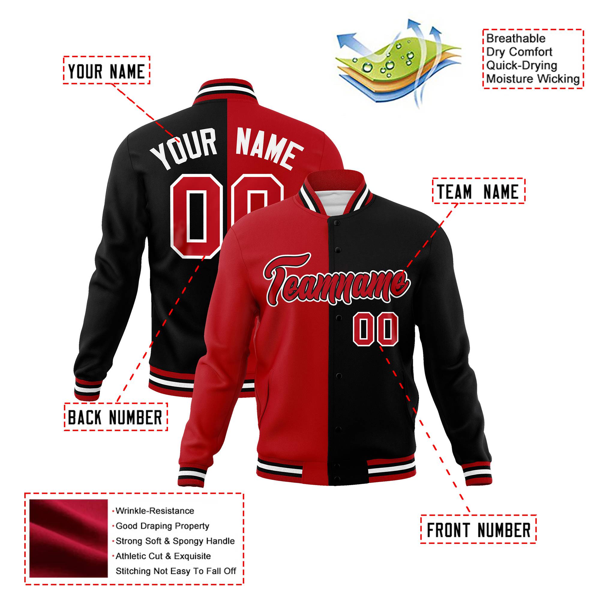 Custom Royal-Red White Black Bomber Full-Snap Varsity Letterman Split Fashion Jacket