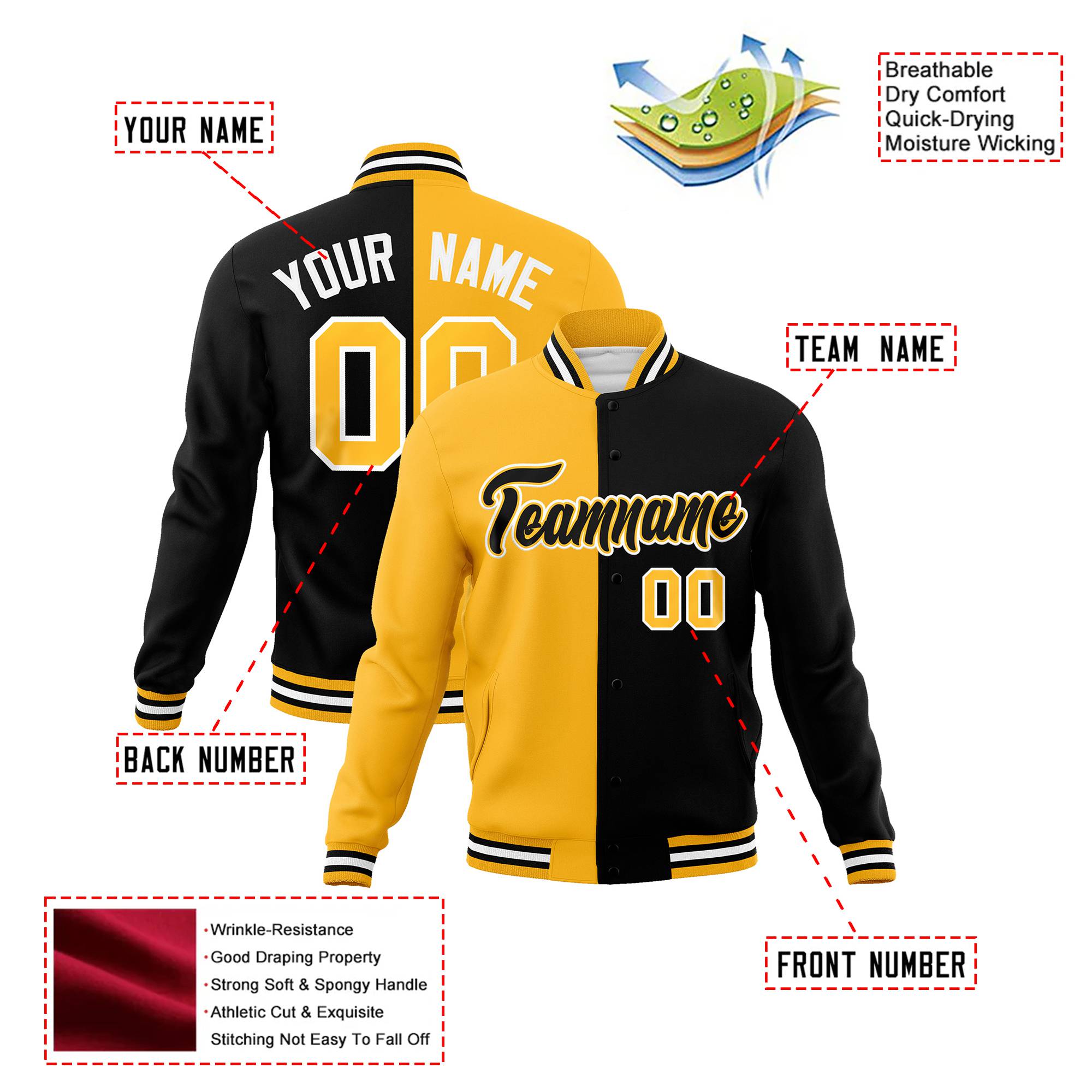 Custom Yellow White Black Bomber Full-Snap Varsity Letterman Split Fashion Jacket