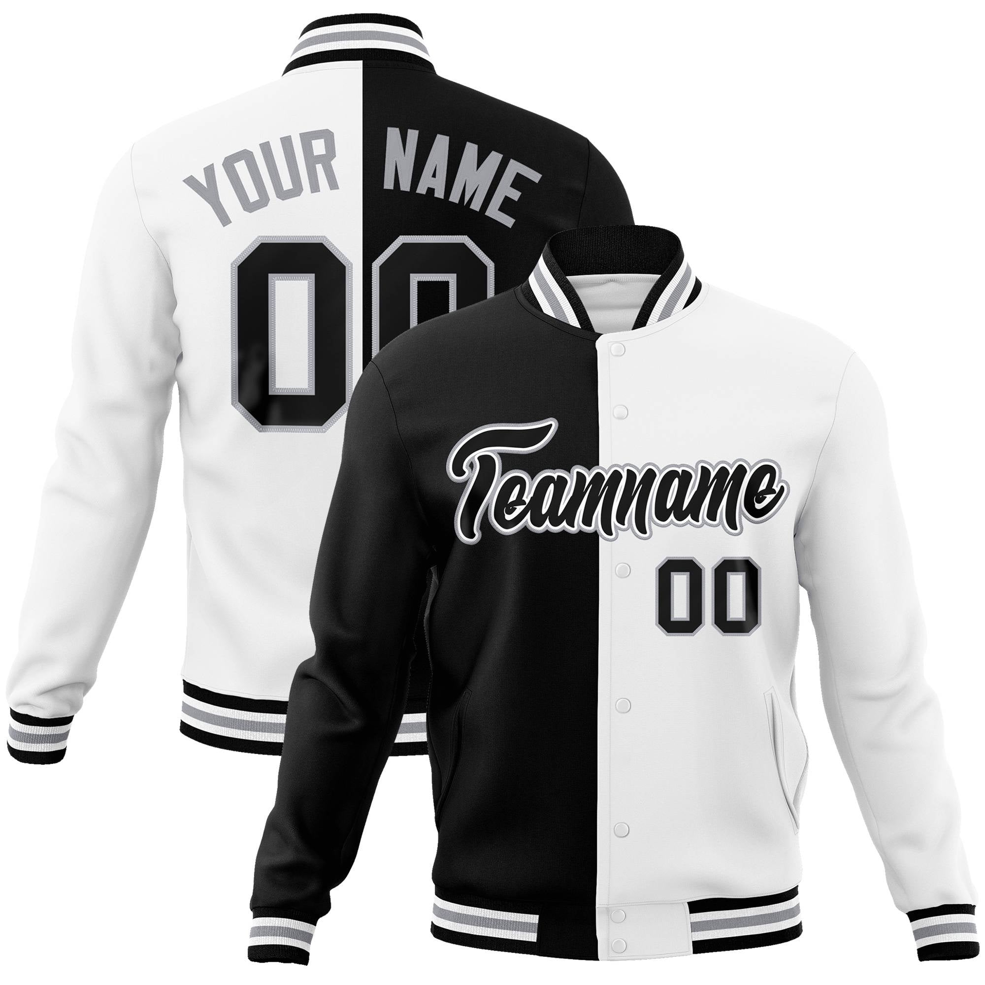 Custom Black Gray White Bomber Full-Snap Varsity Letterman Split Fashion Jacket