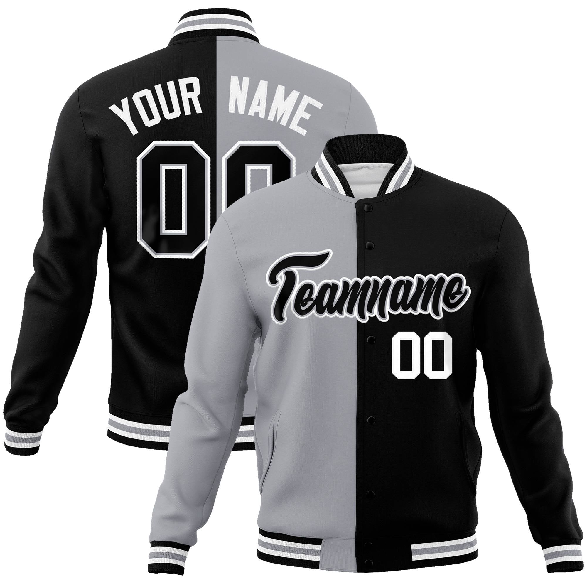 Custom Gray White Black Bomber Full-Snap Varsity Letterman Split Fashion Jacket