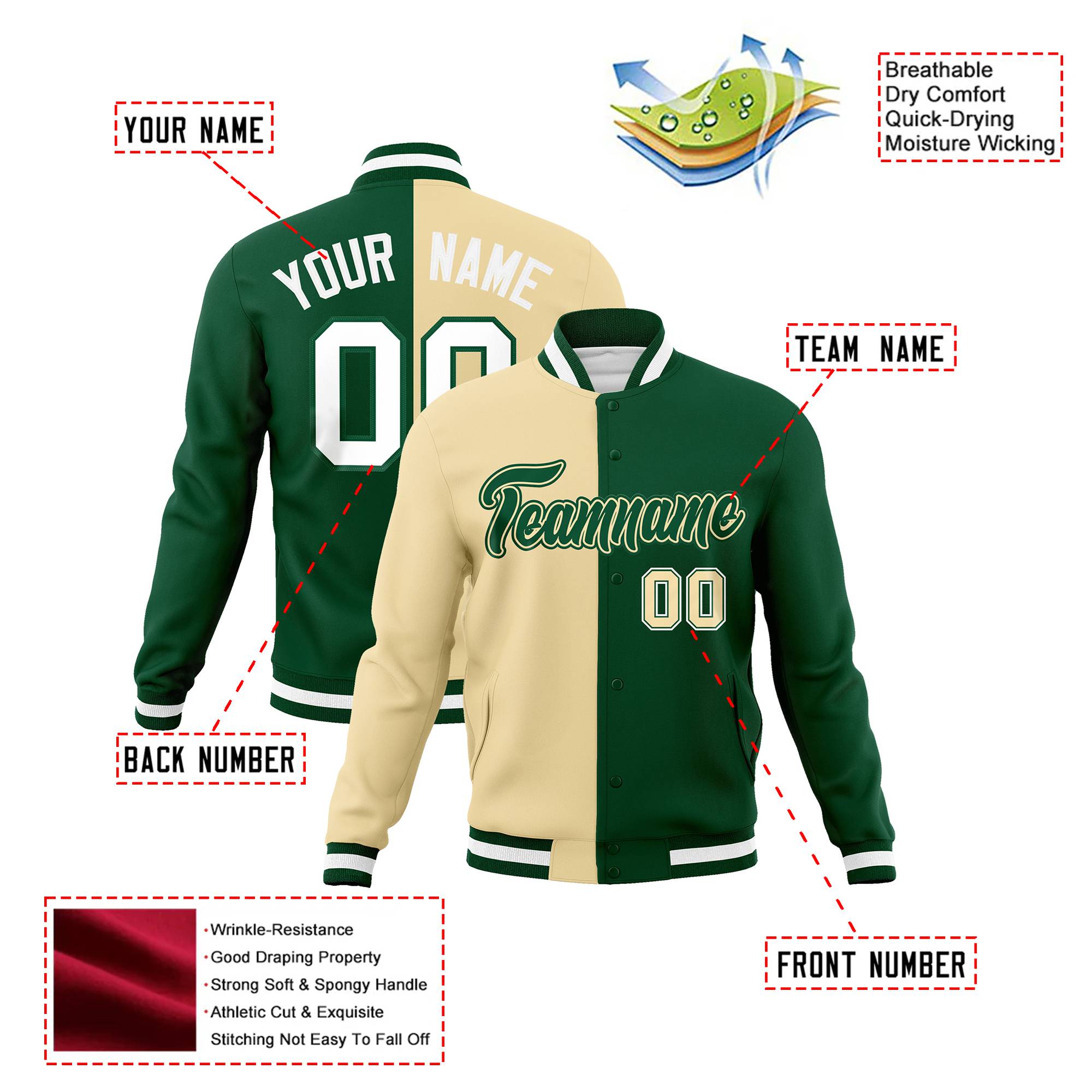 Custom Cream White Kelly-Green Bomber Full-Snap Varsity Letterman Split Fashion Jacket