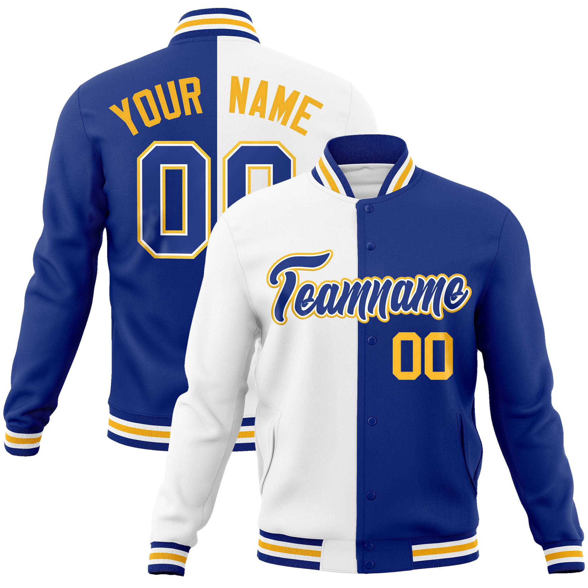 Custom White Thunder-Blue Gold Bomber Full-Snap Varsity Letterman Split Fashion Jacket