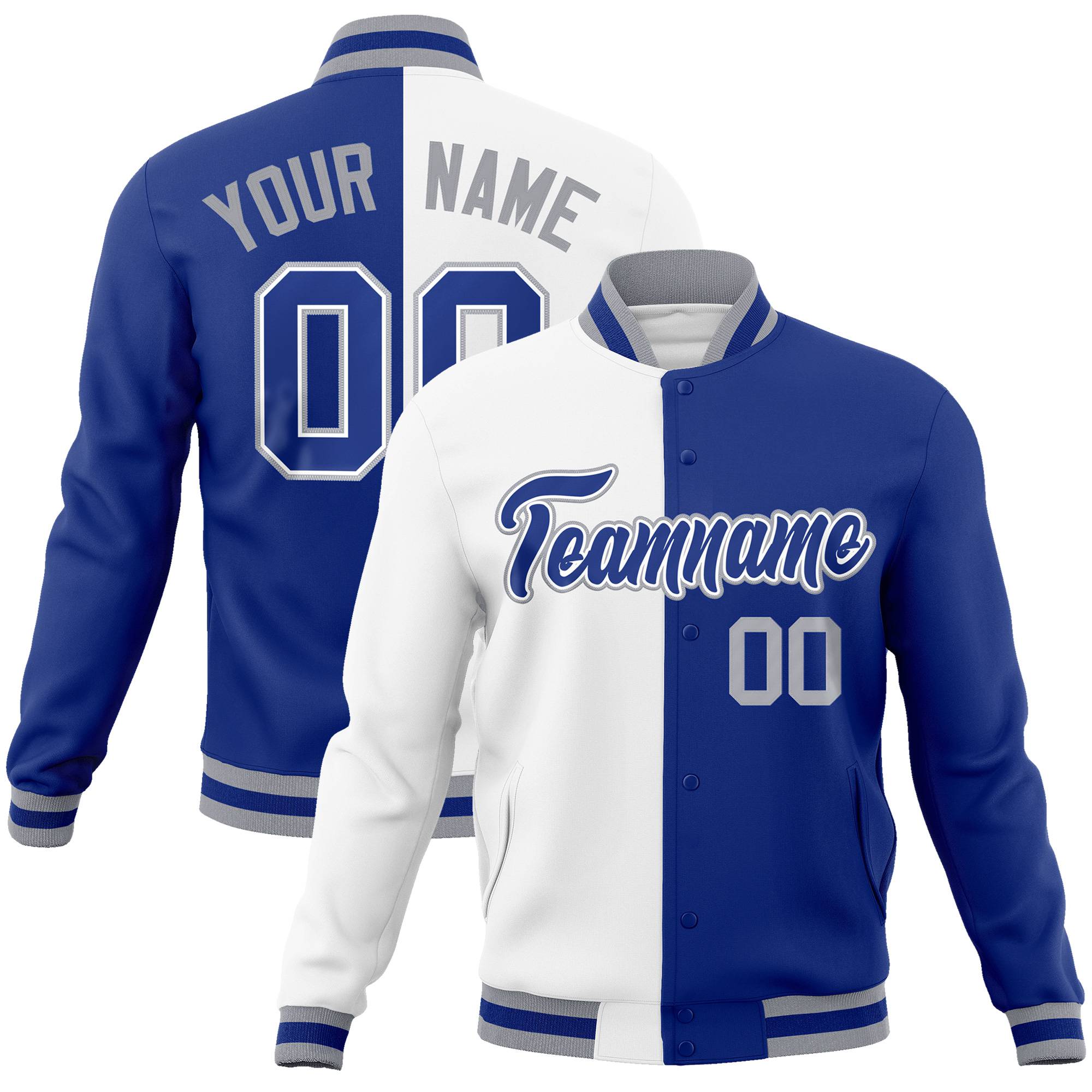 Custom White Thunder-Blue Gray Bomber Full-Snap Varsity Letterman Split Fashion Jacket