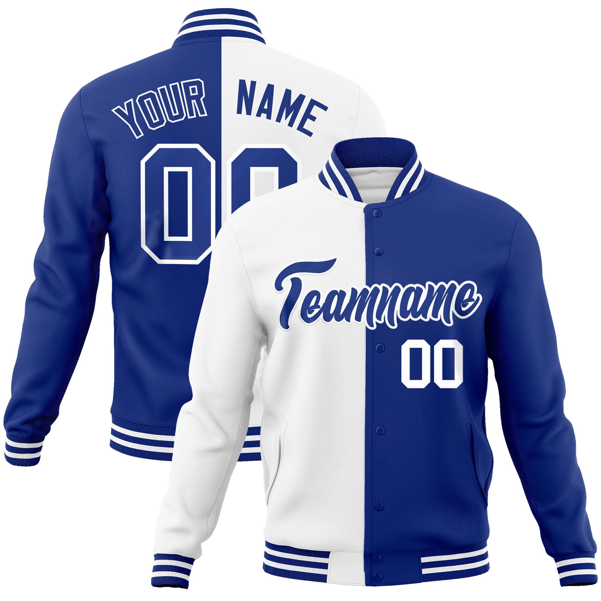 Custom White Thunder-Blue White Bomber Full-Snap Varsity Letterman Split Fashion Jacket