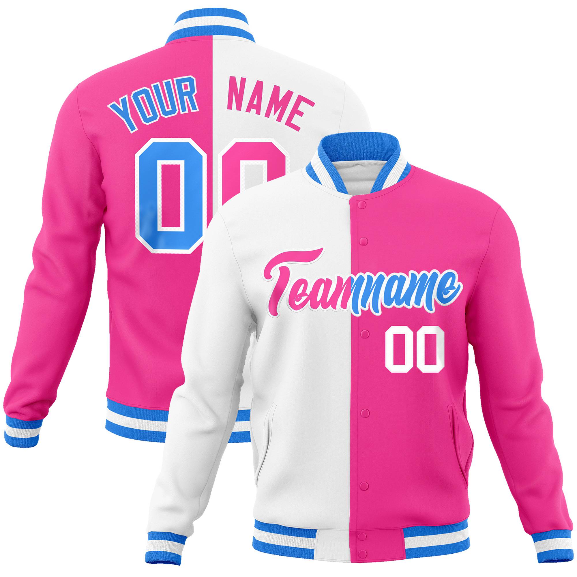 Custom White Pink Ligth-Blue Bomber Full-Snap Varsity Letterman Split Fashion Jacket