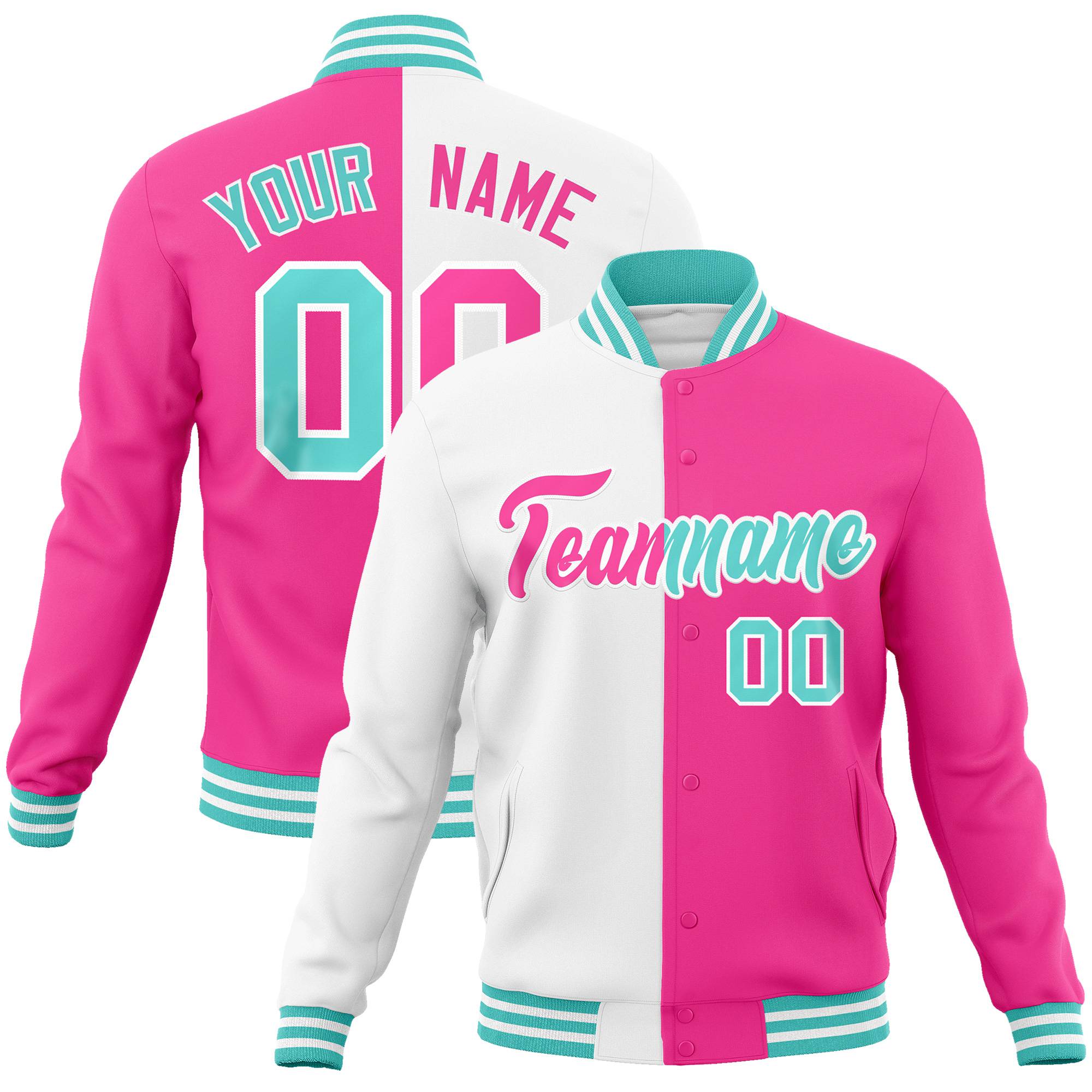 Custom White Pink Aqua Bomber Full-Snap Varsity Letterman Split Fashion Jacket