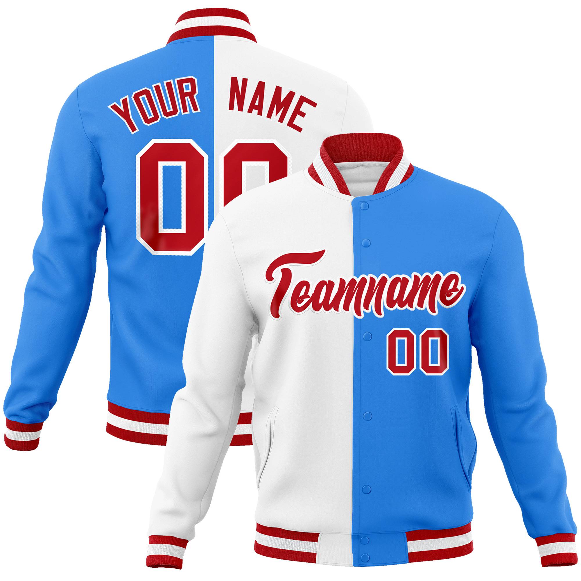 Custom White Sky-Blue Red Bomber Full-Snap Varsity Letterman Split Fashion Jacket