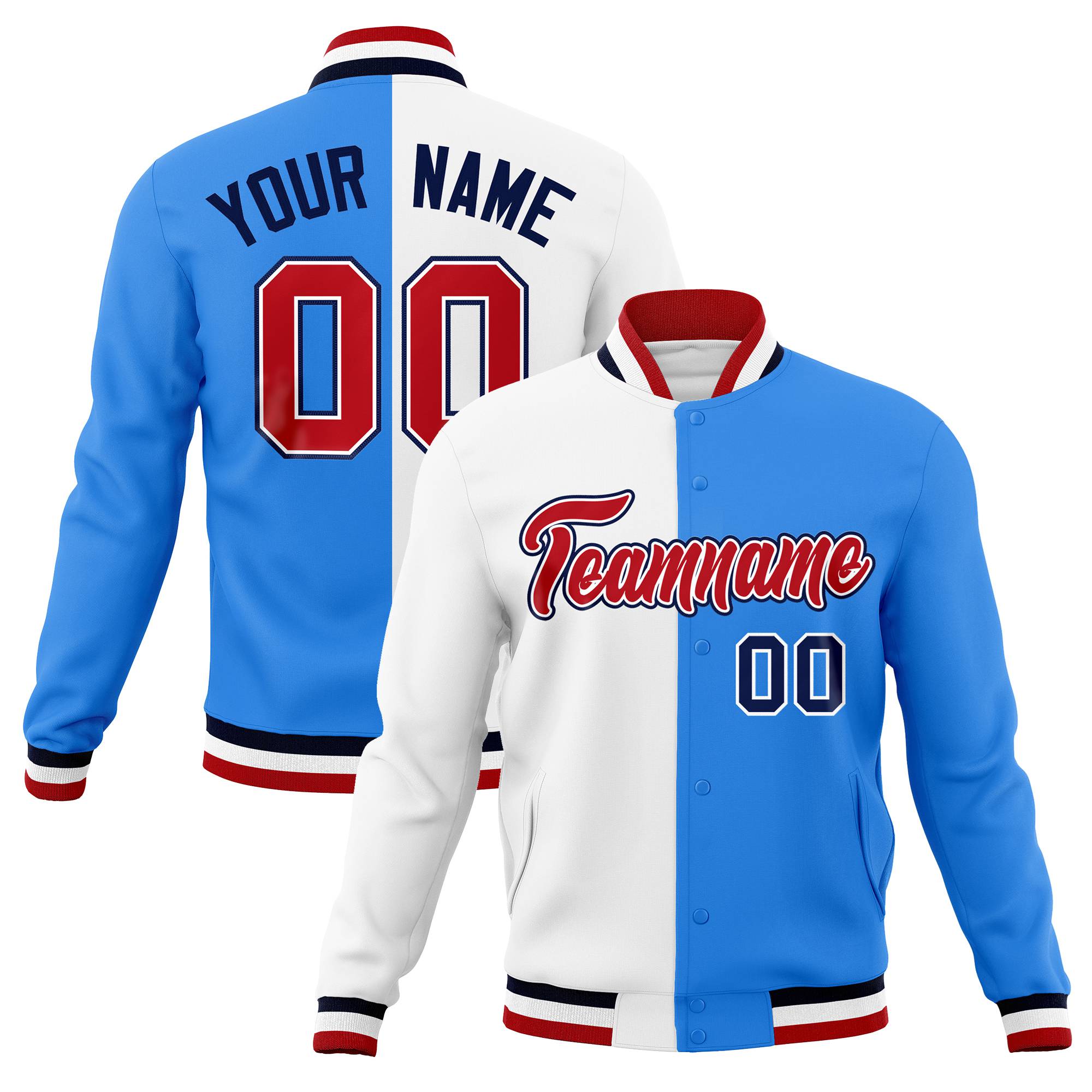 Custom White Sky-Blue Navy Bomber Full-Snap Varsity Letterman Split Fashion Jacket