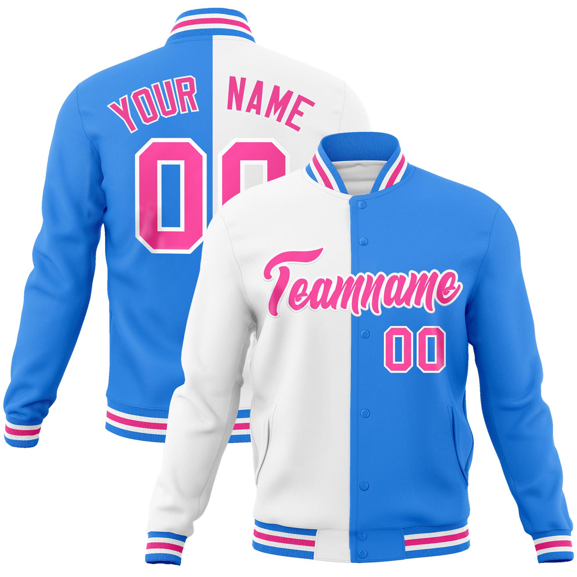 Custom White Sky-Blue Pink Bomber Full-Snap Varsity Letterman Split Fashion Jacket