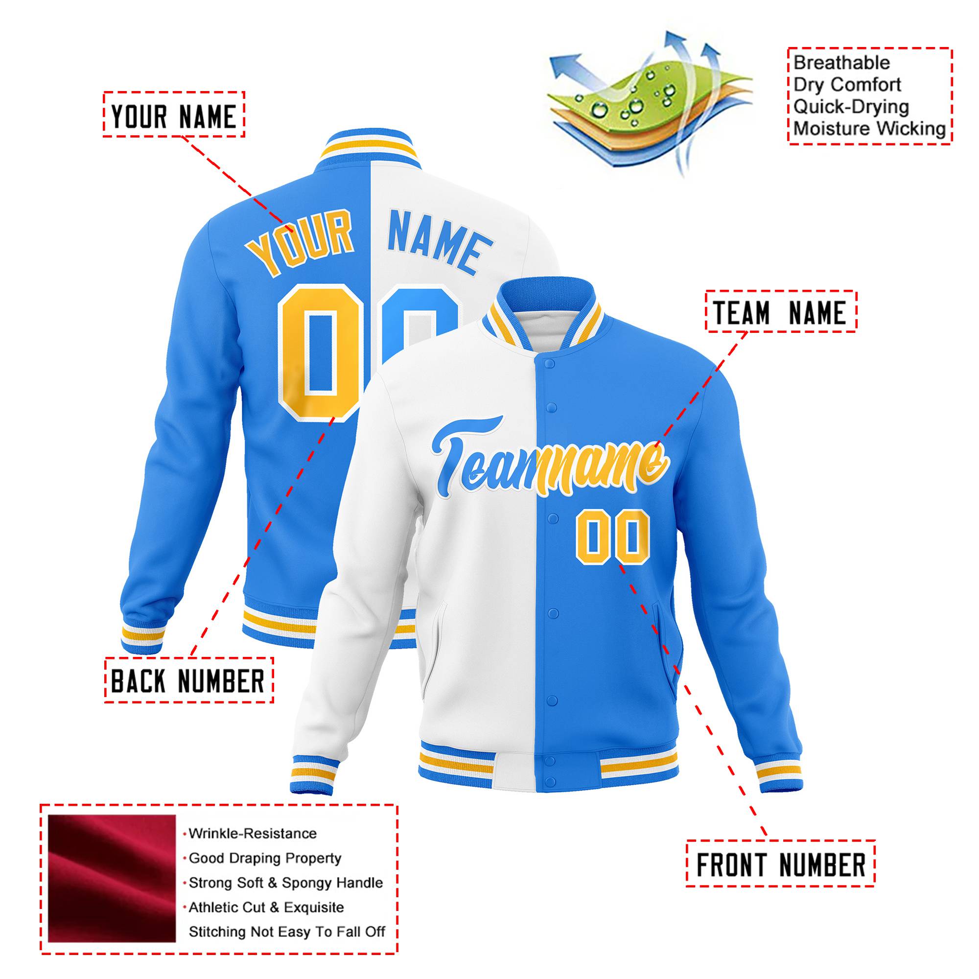 Custom White Sky-Blue Gold Bomber Full-Snap Varsity Letterman Split Fashion Jacket