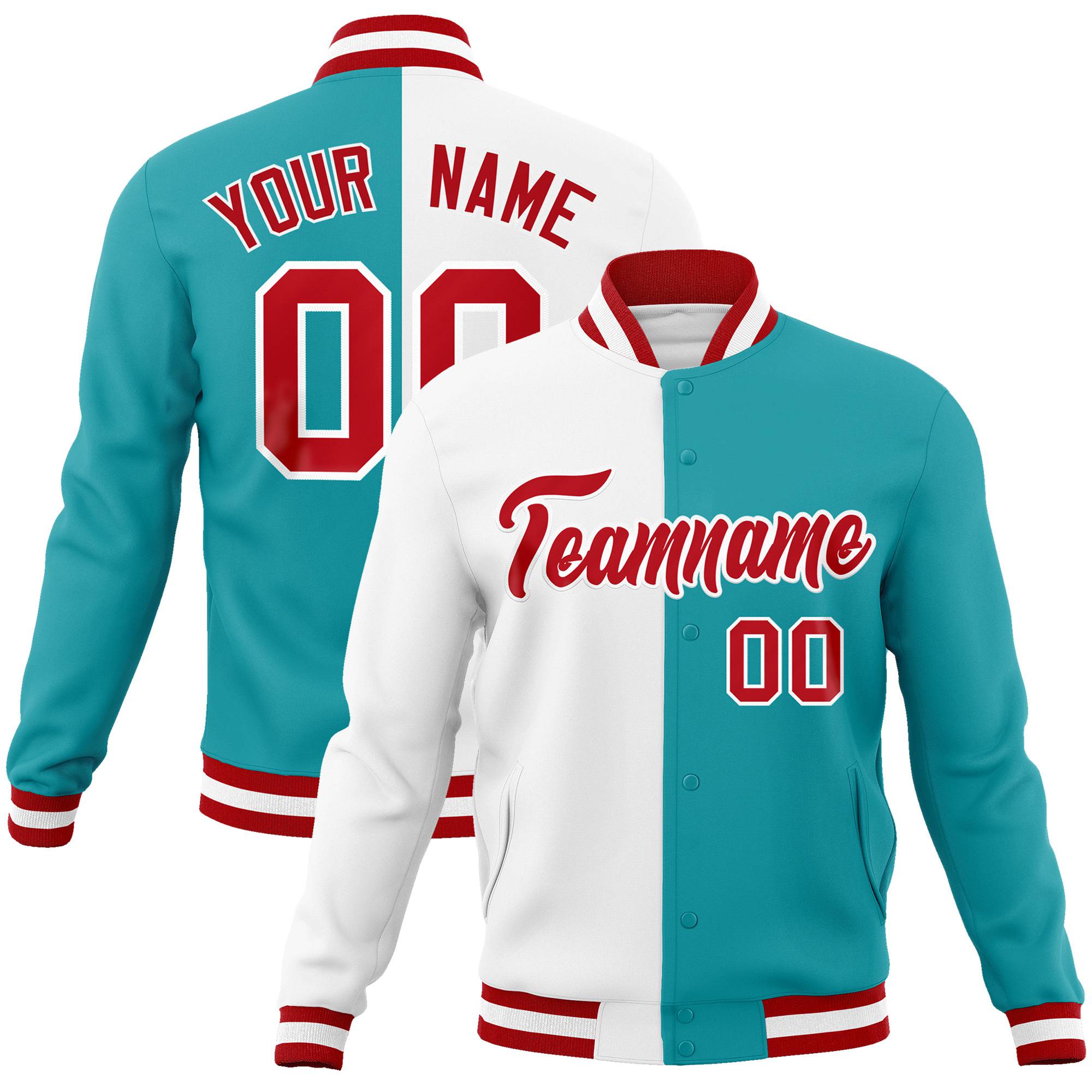 Custom White Aqua Red Bomber Full-Snap Varsity Letterman Split Fashion Jacket