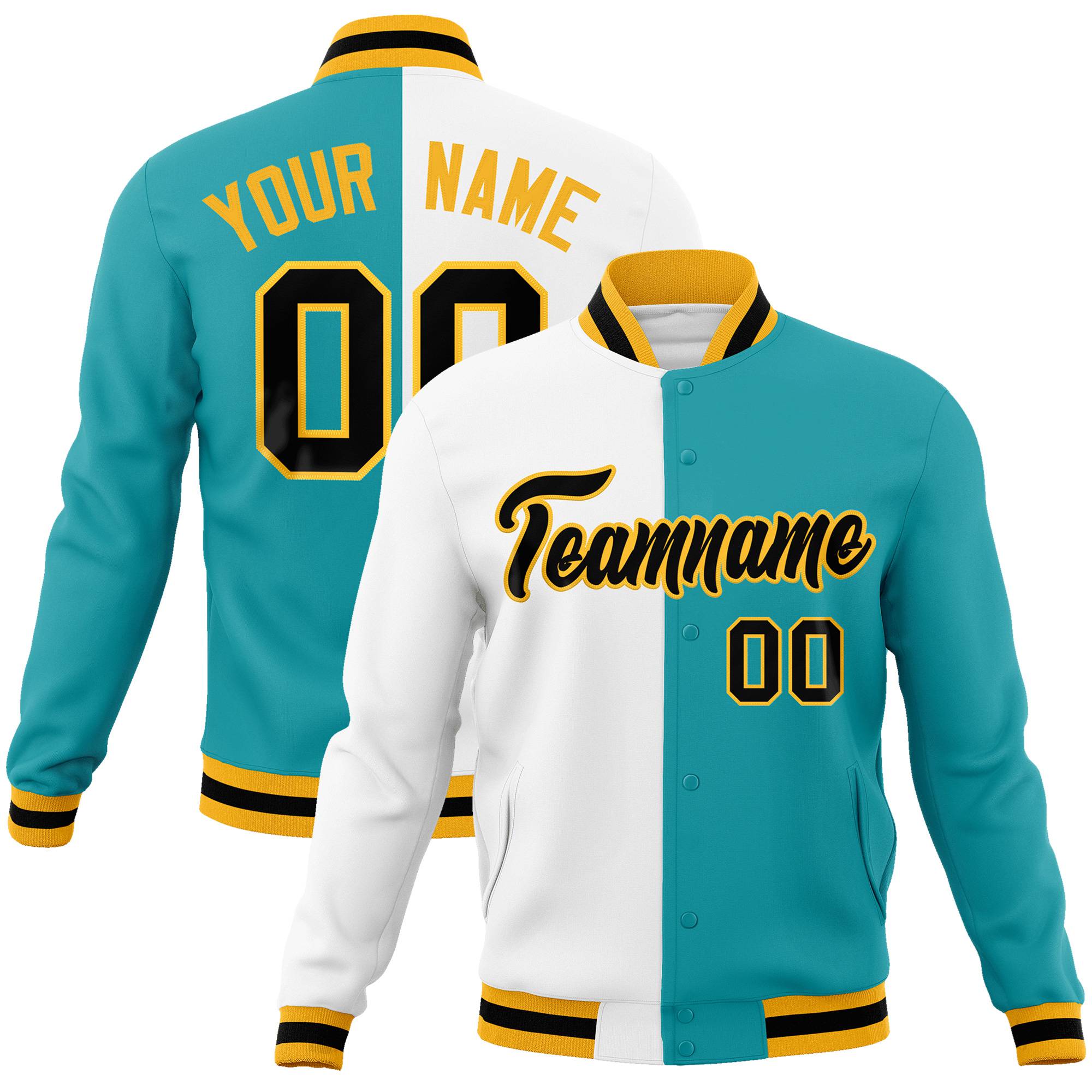 Custom White Aqua Black-Gold Bomber Full-Snap Varsity Letterman Split Fashion Jacket