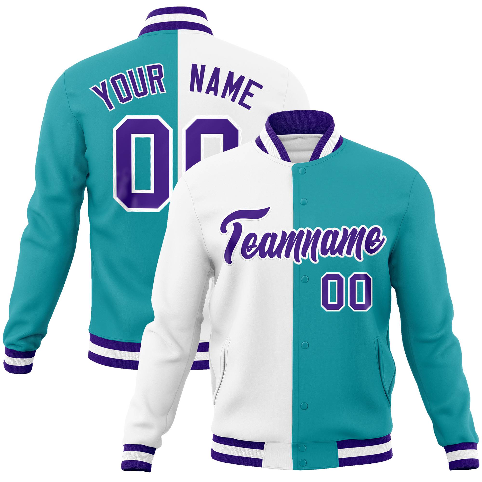 Custom White Aqua Purple Bomber Full-Snap Varsity Letterman Split Fashion Jacket