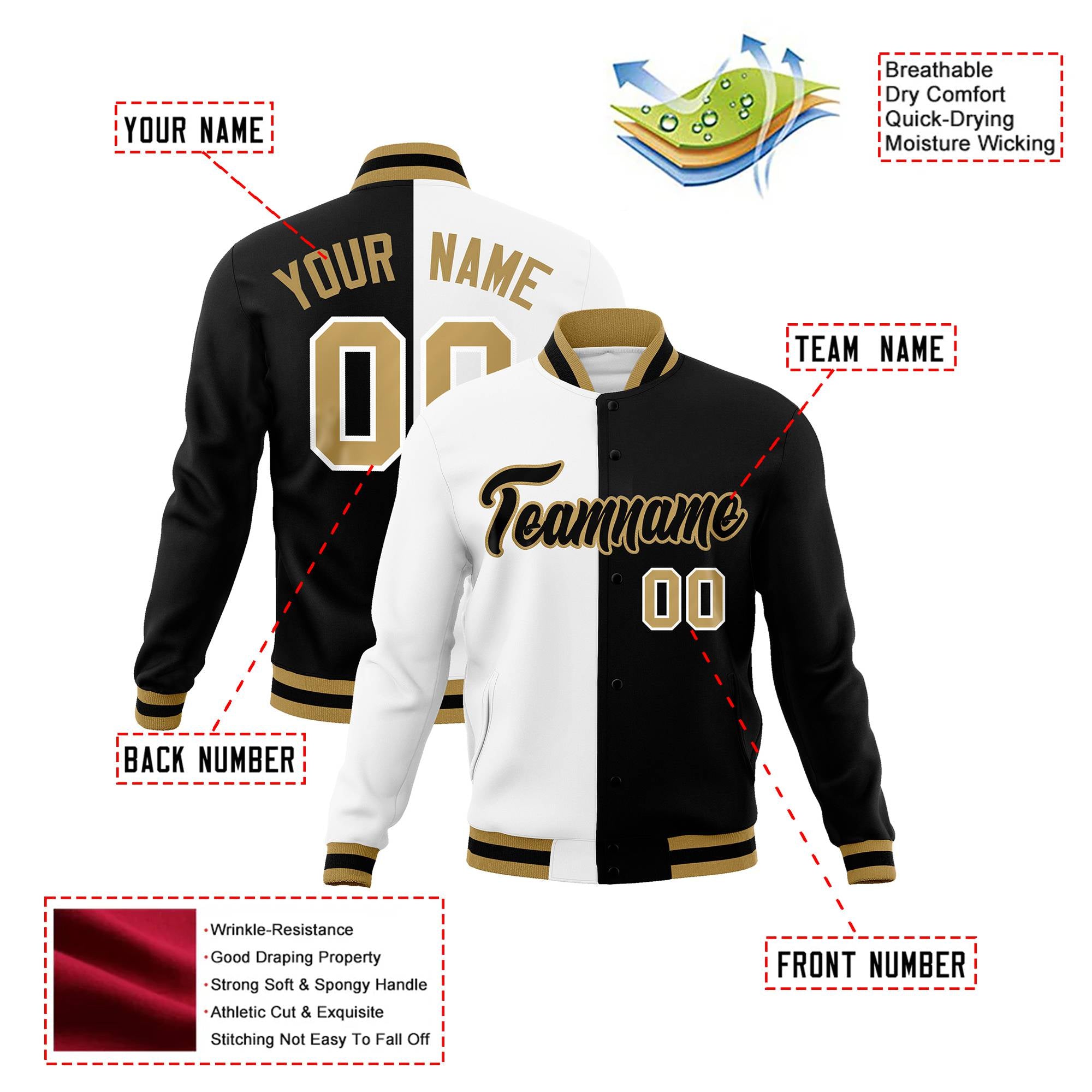 Custom White Black Old-Gold Bomber Full-Snap Varsity Letterman Split Fashion Jacket