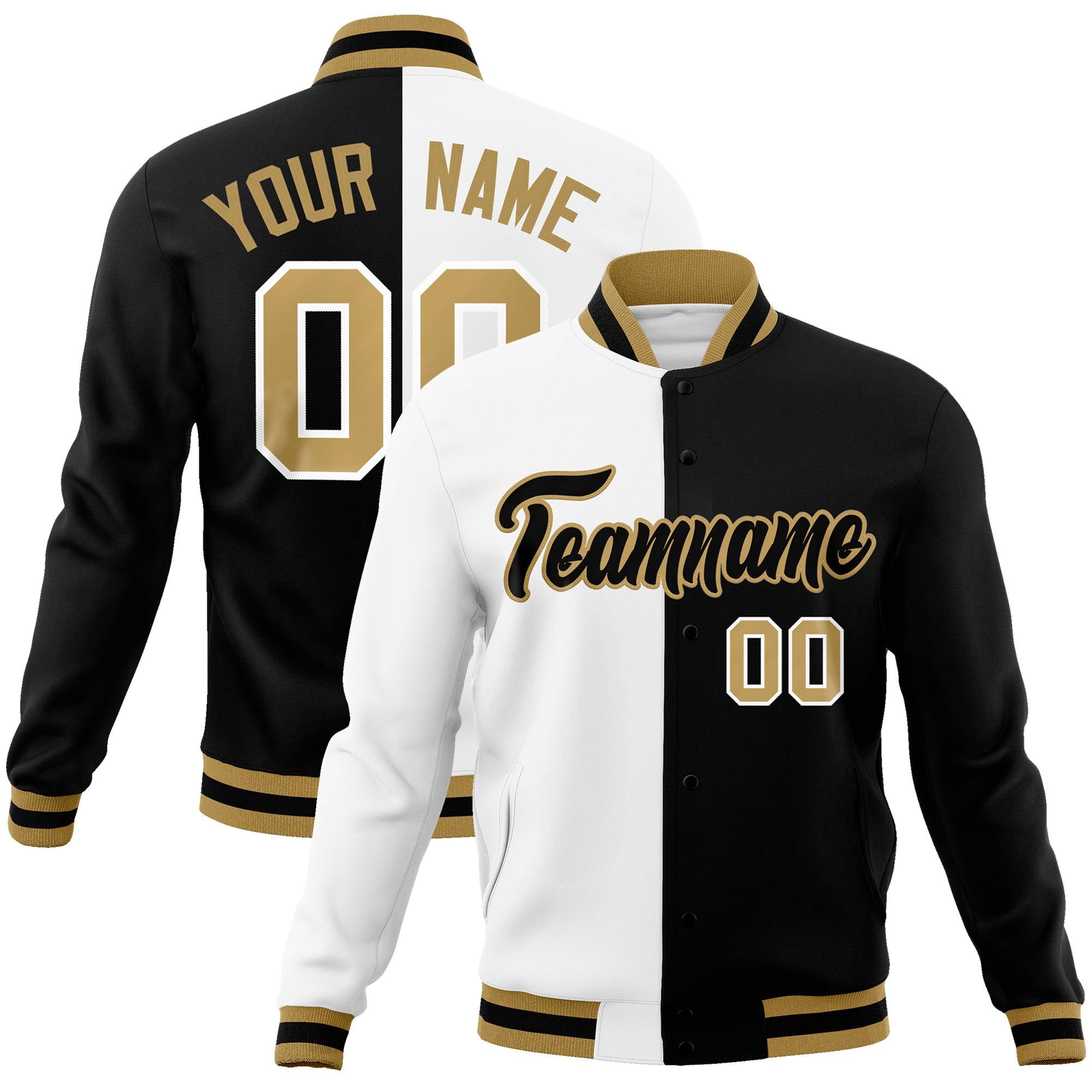 Custom White Black Old-Gold Bomber Full-Snap Varsity Letterman Split Fashion Jacket