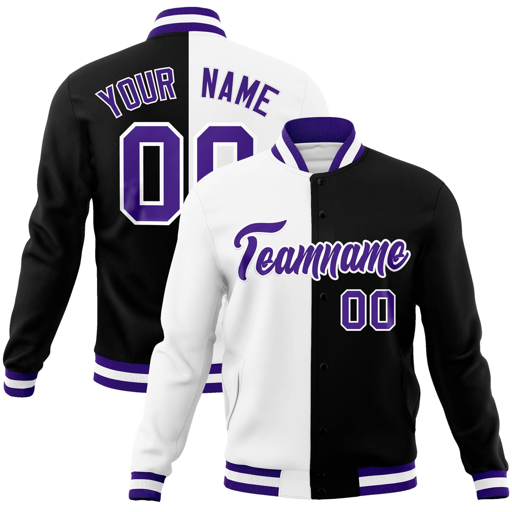 Custom White Black Purple Bomber Full-Snap Varsity Letterman Split Fashion Jacket