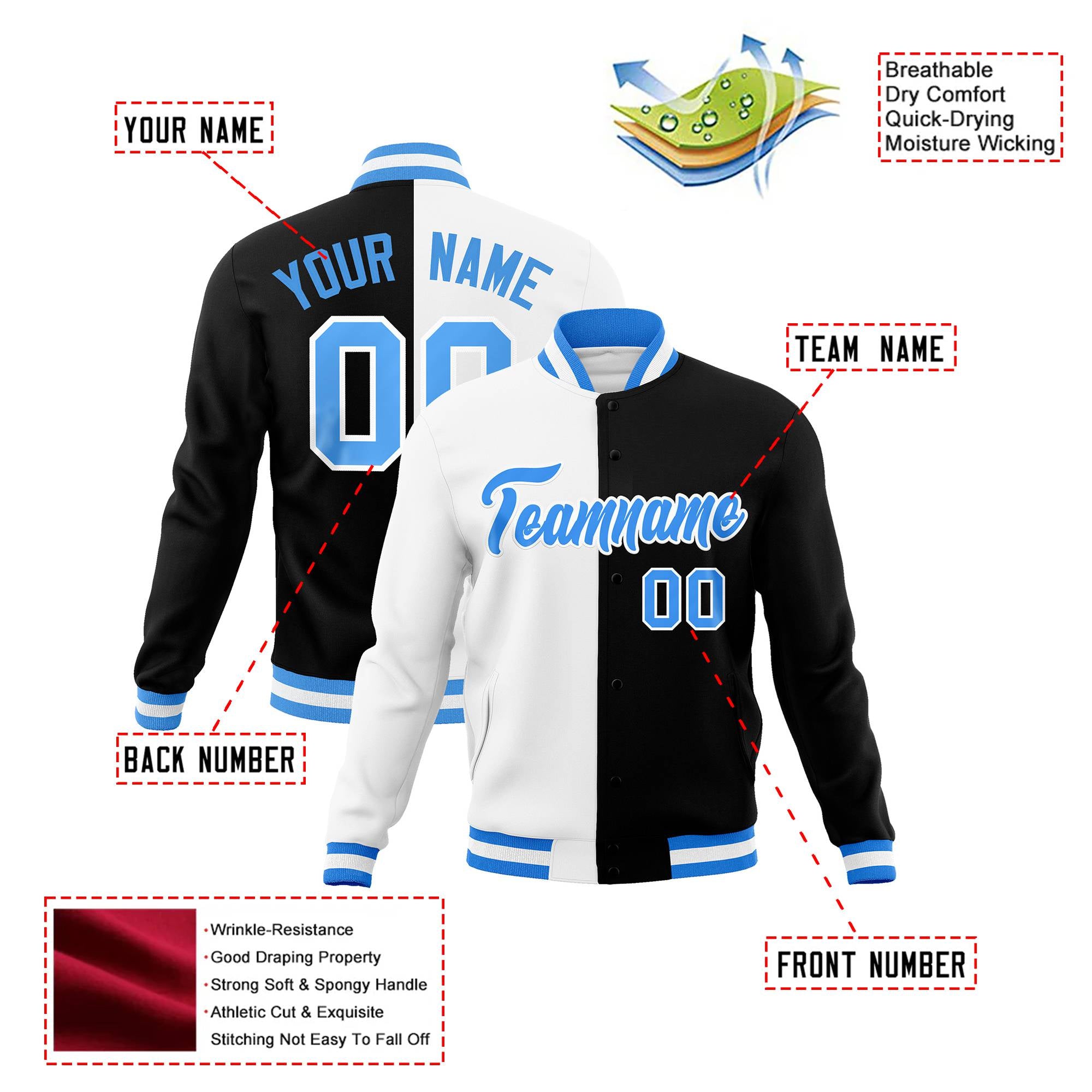 Custom White Black Light-Blue Bomber Full-Snap Varsity Letterman Split Fashion Jacket