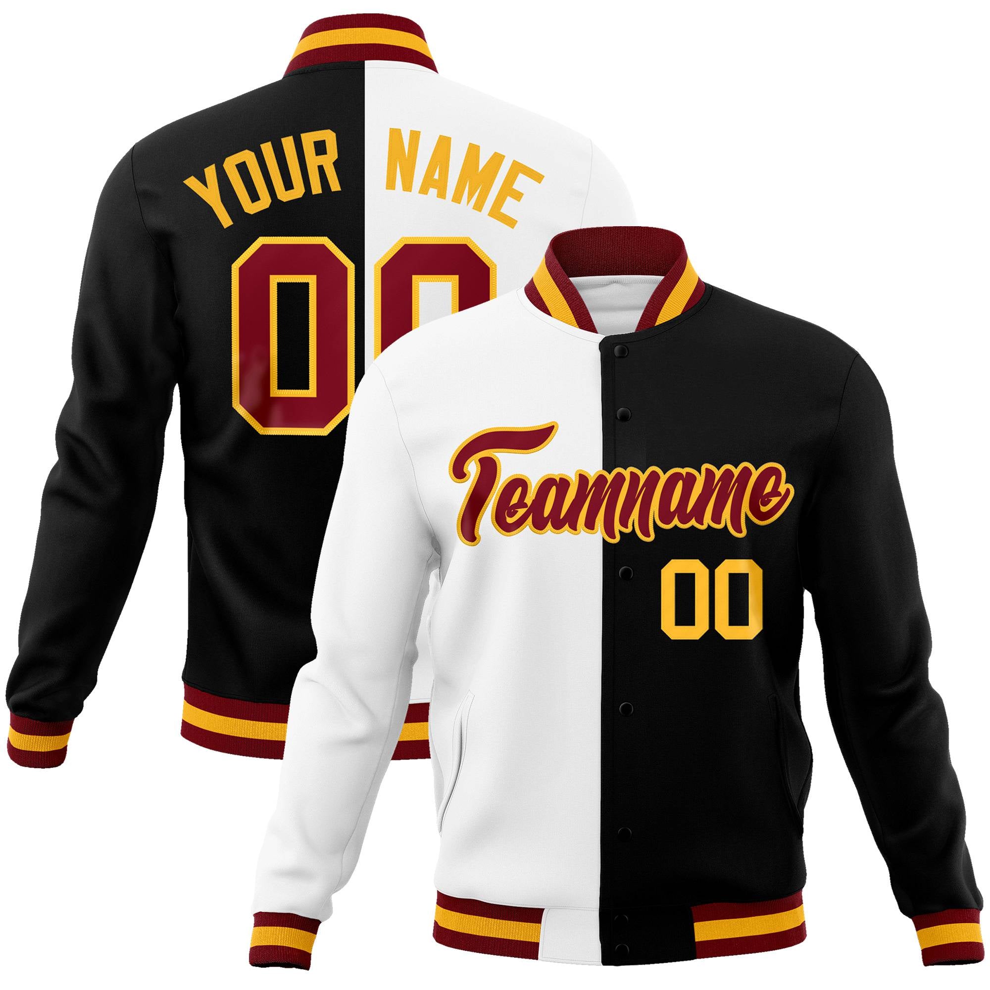 Custom White Black Burgundy-Gold Bomber Full-Snap Varsity Letterman Split Fashion Jacket