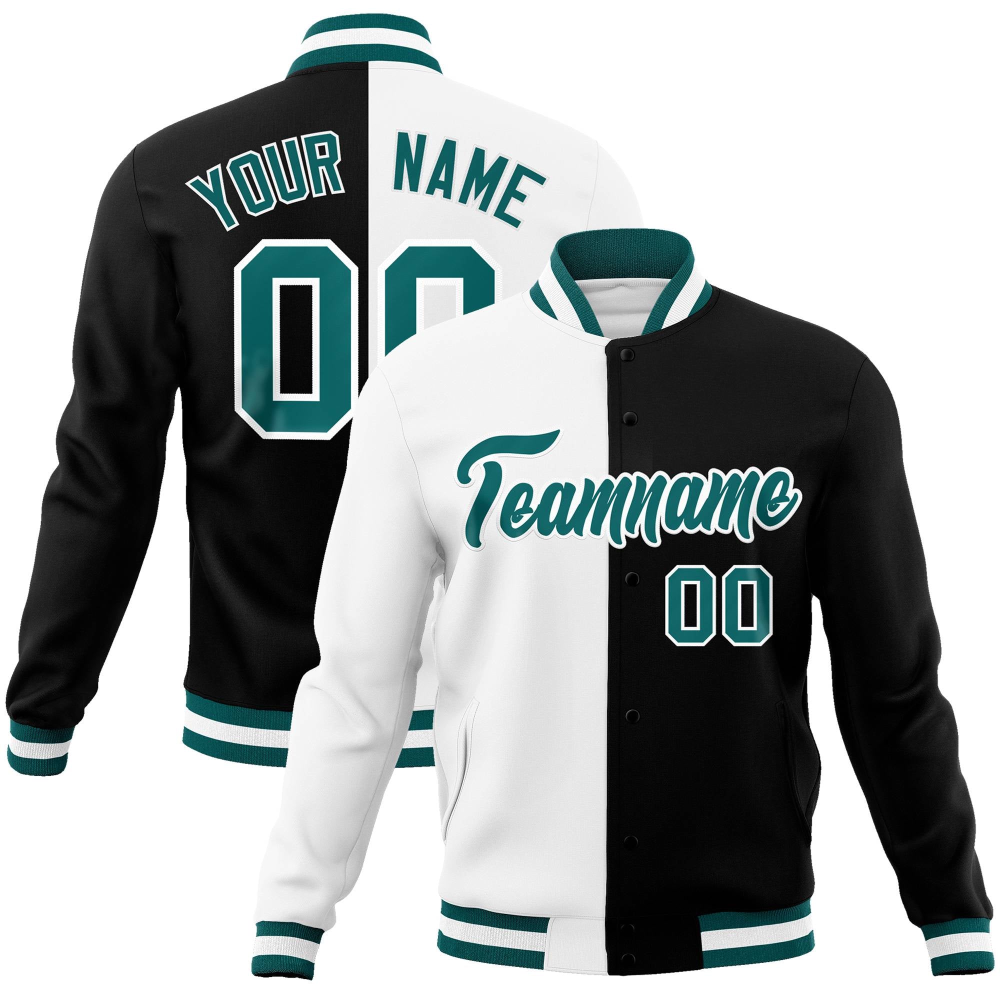 Custom White Black Aqua Bomber Full-Snap Varsity Letterman Split Fashion Jacket