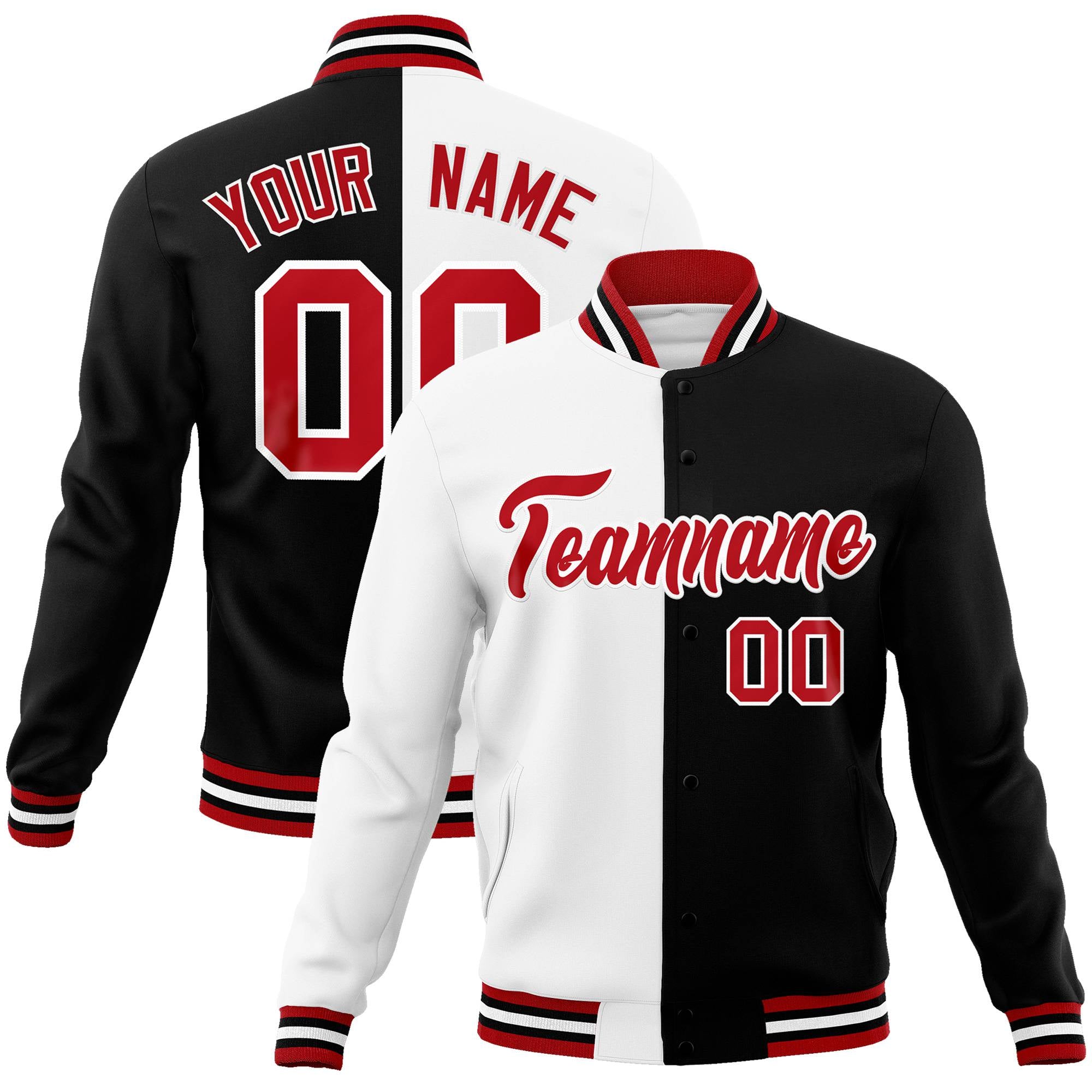 Custom White Black Red Bomber Full-Snap Varsity Letterman Split Fashion Jacket