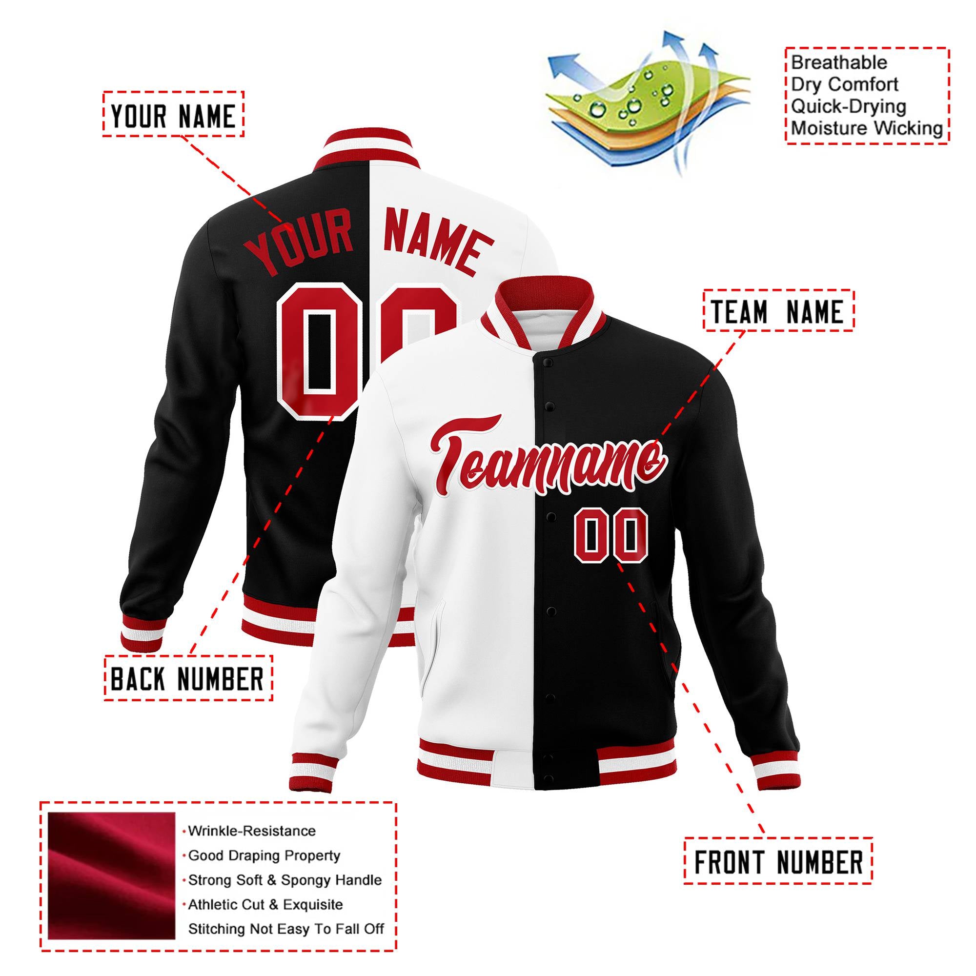 Custom White Black Red Bomber Full-Snap Varsity Letterman Split Fashion Jacket