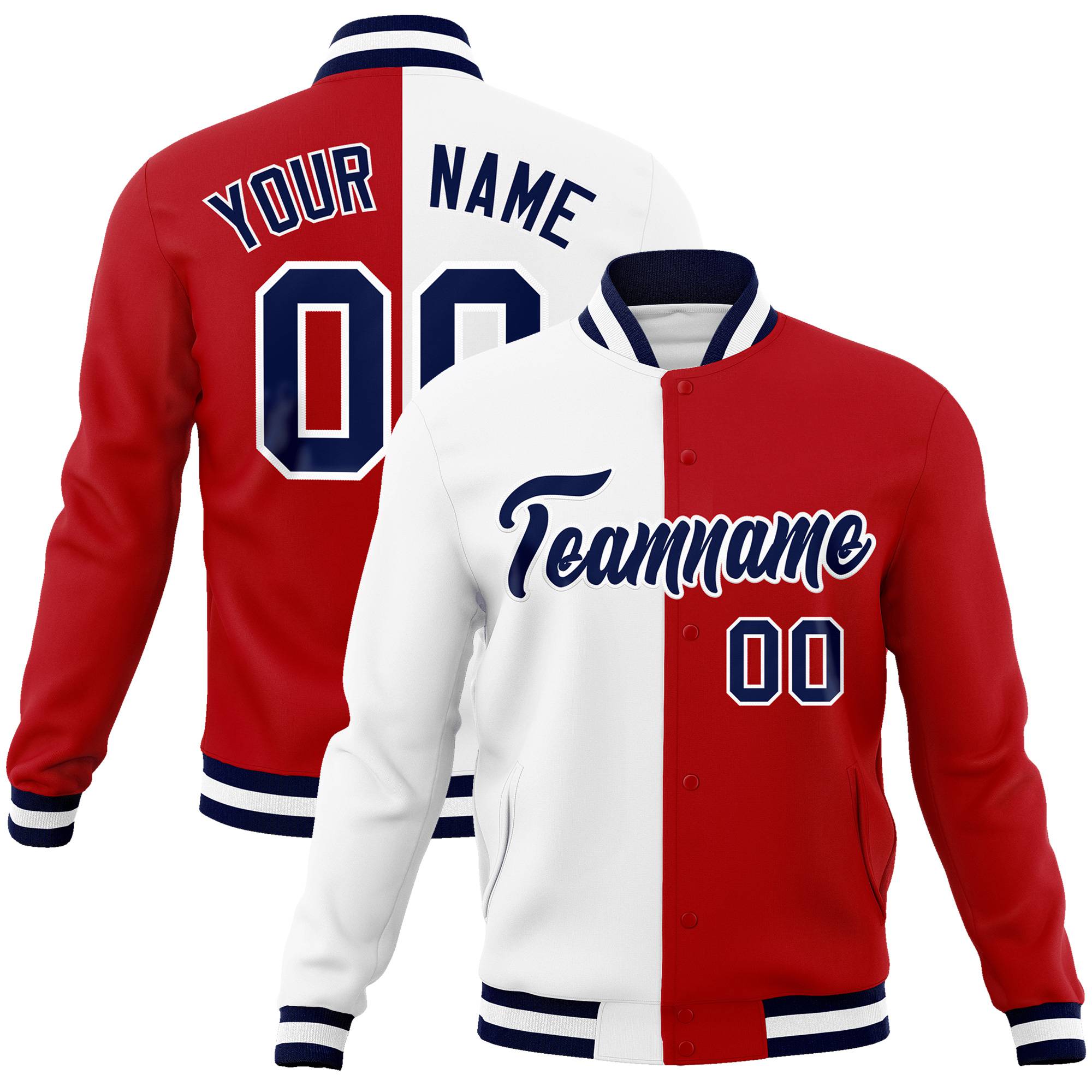 Custom White Red Purple Bomber Full-Snap Varsity Letterman Split Fashion Jacket