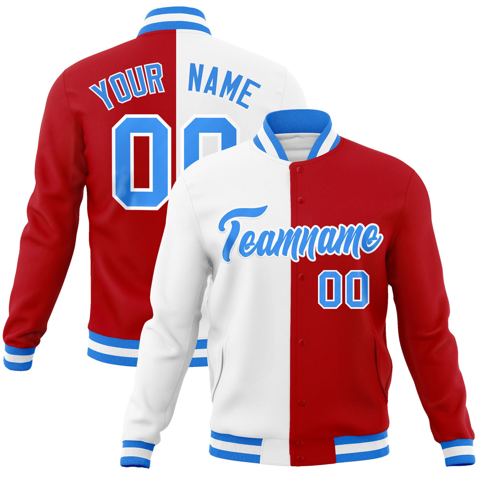 Custom White Red Light-Blue Bomber Full-Snap Varsity Letterman Split Fashion Jacket