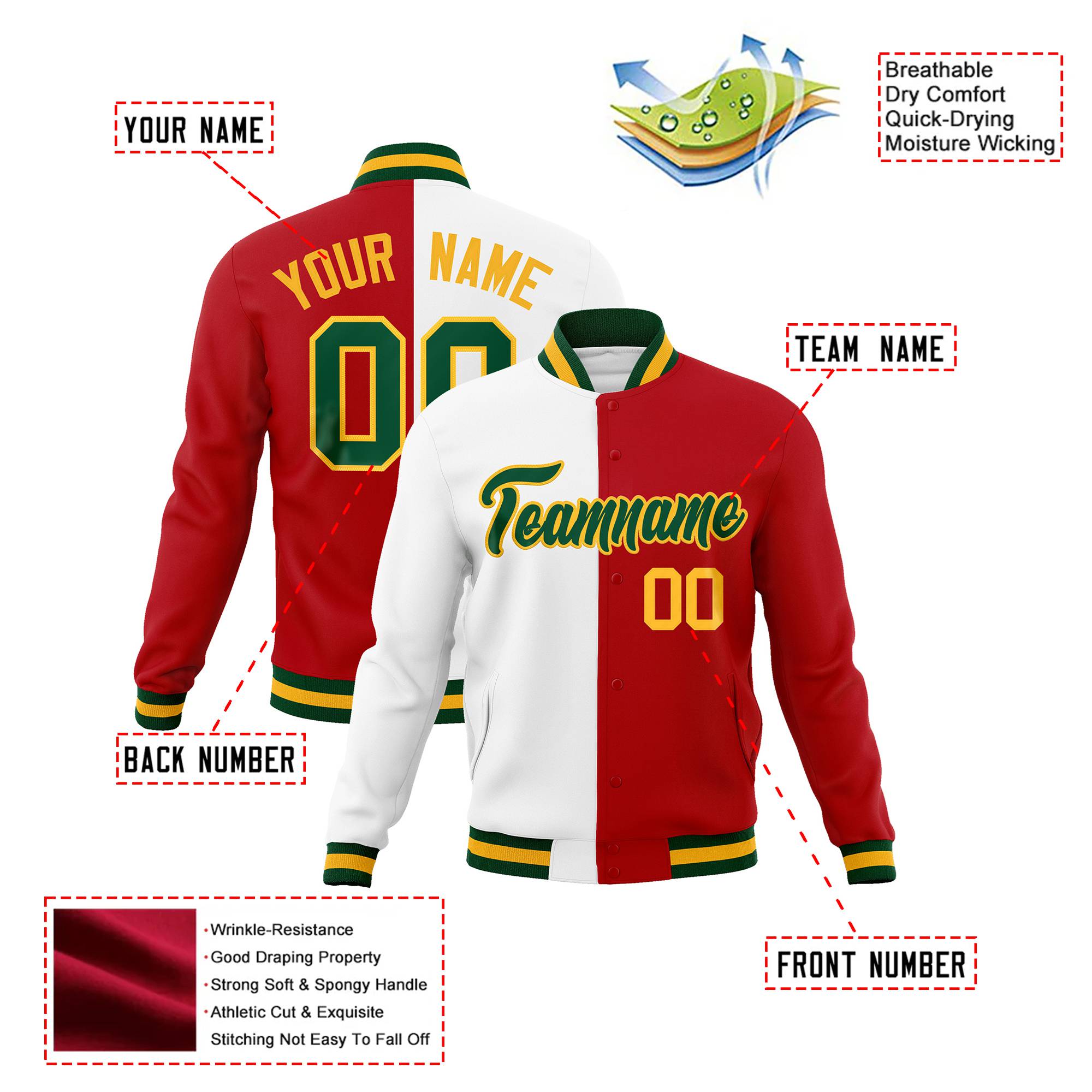 Custom White Red Kelly-Green Gold Bomber Full-Snap Varsity Letterman Split Fashion Jacket